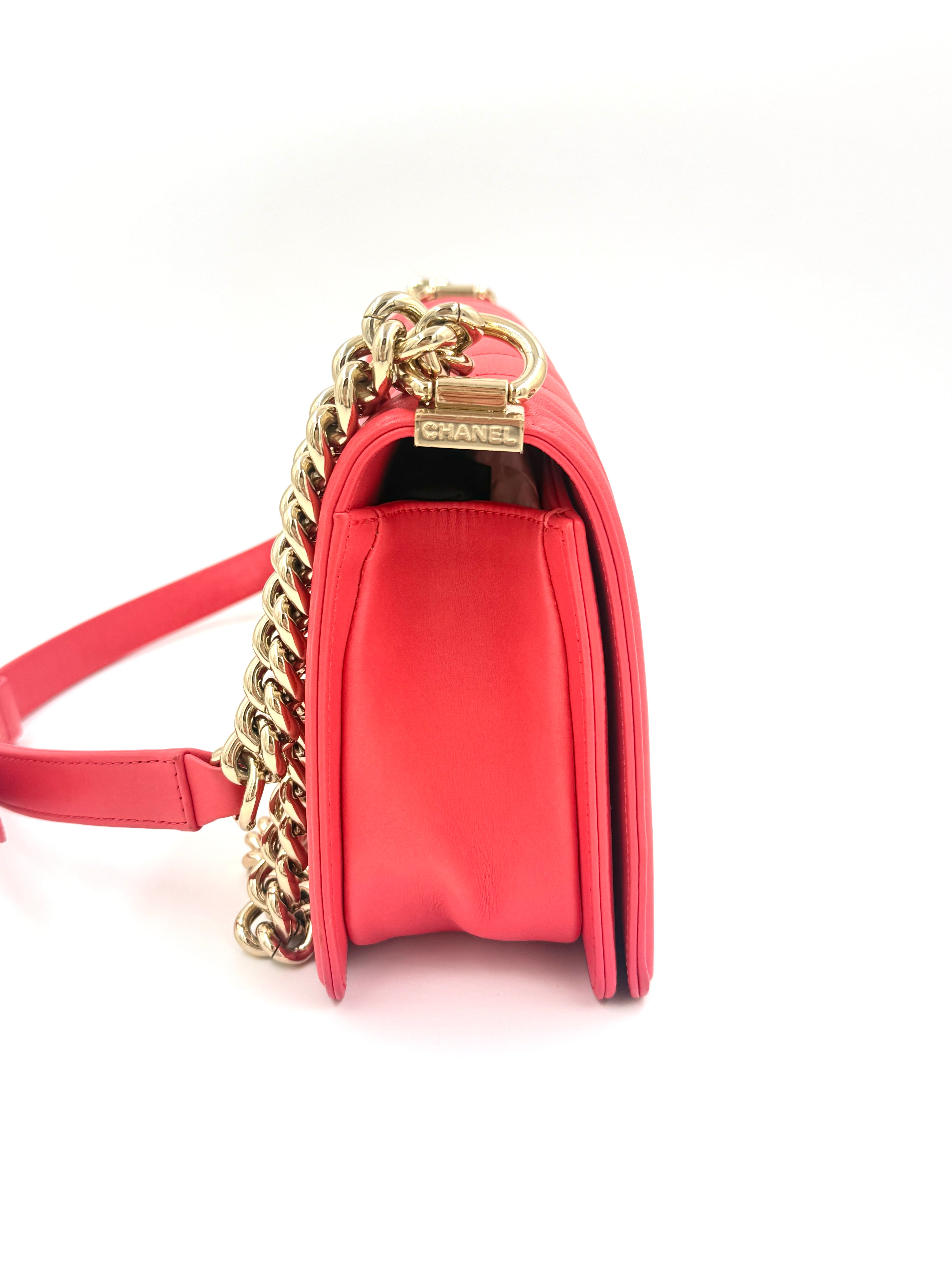 Pre-Owned Chanel Chevron Boy Bag Coral with Champagne Gold Hardware - Authenticated