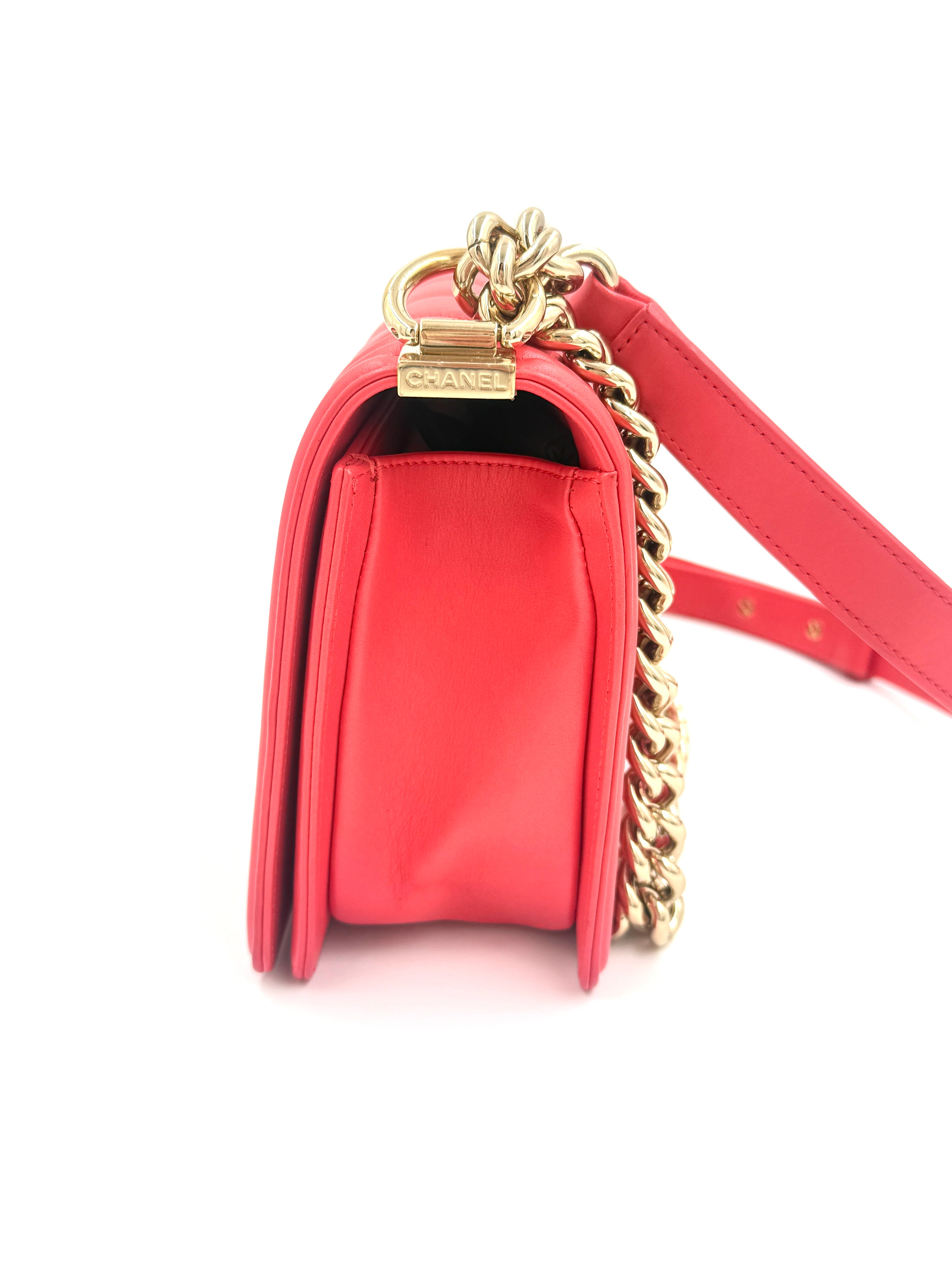 Pre-Owned Chanel Chevron Boy Bag Coral with Champagne Gold Hardware - Authenticated