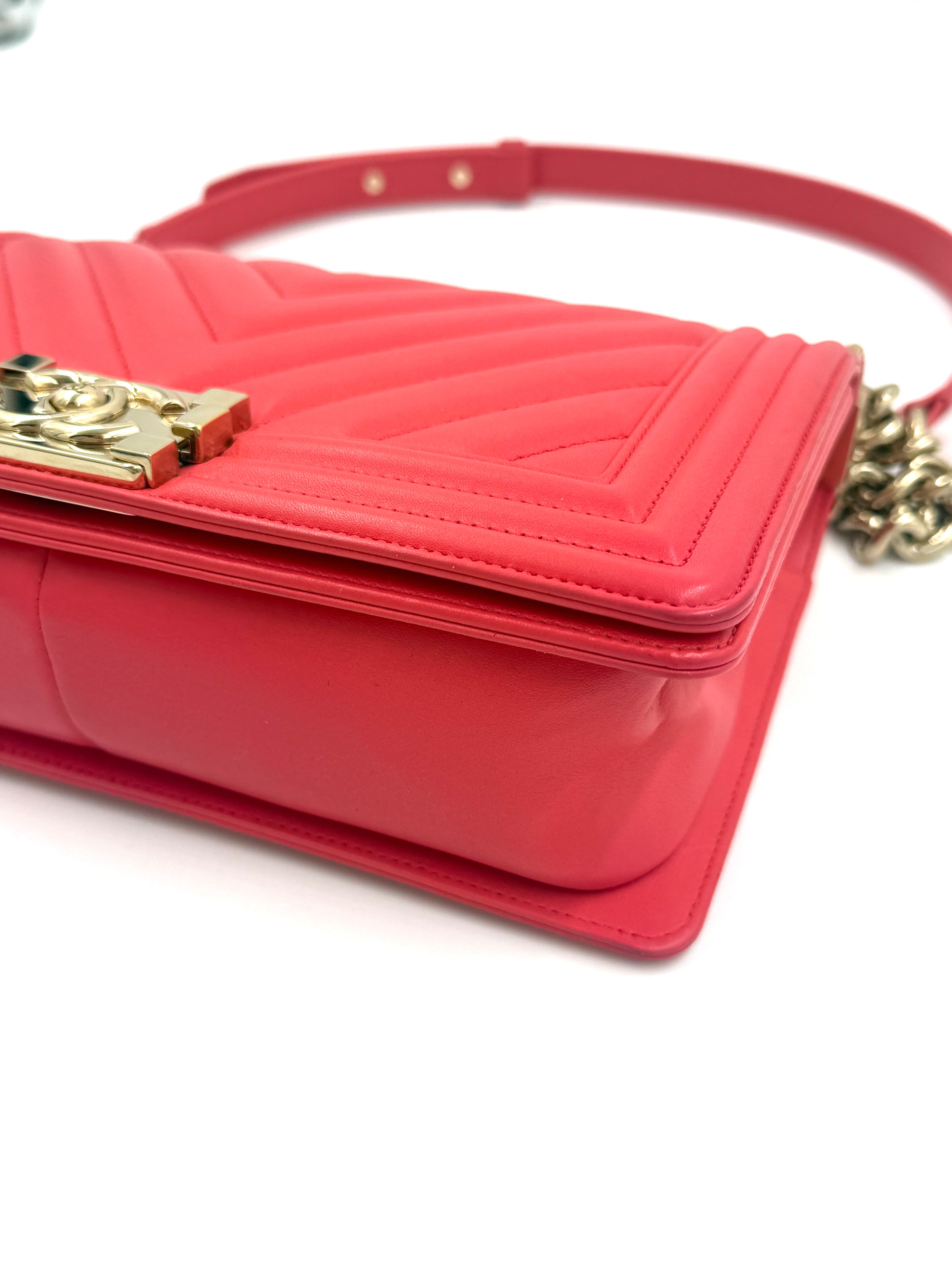 Pre-Owned Chanel Chevron Boy Bag Coral with Champagne Gold Hardware - Authenticated