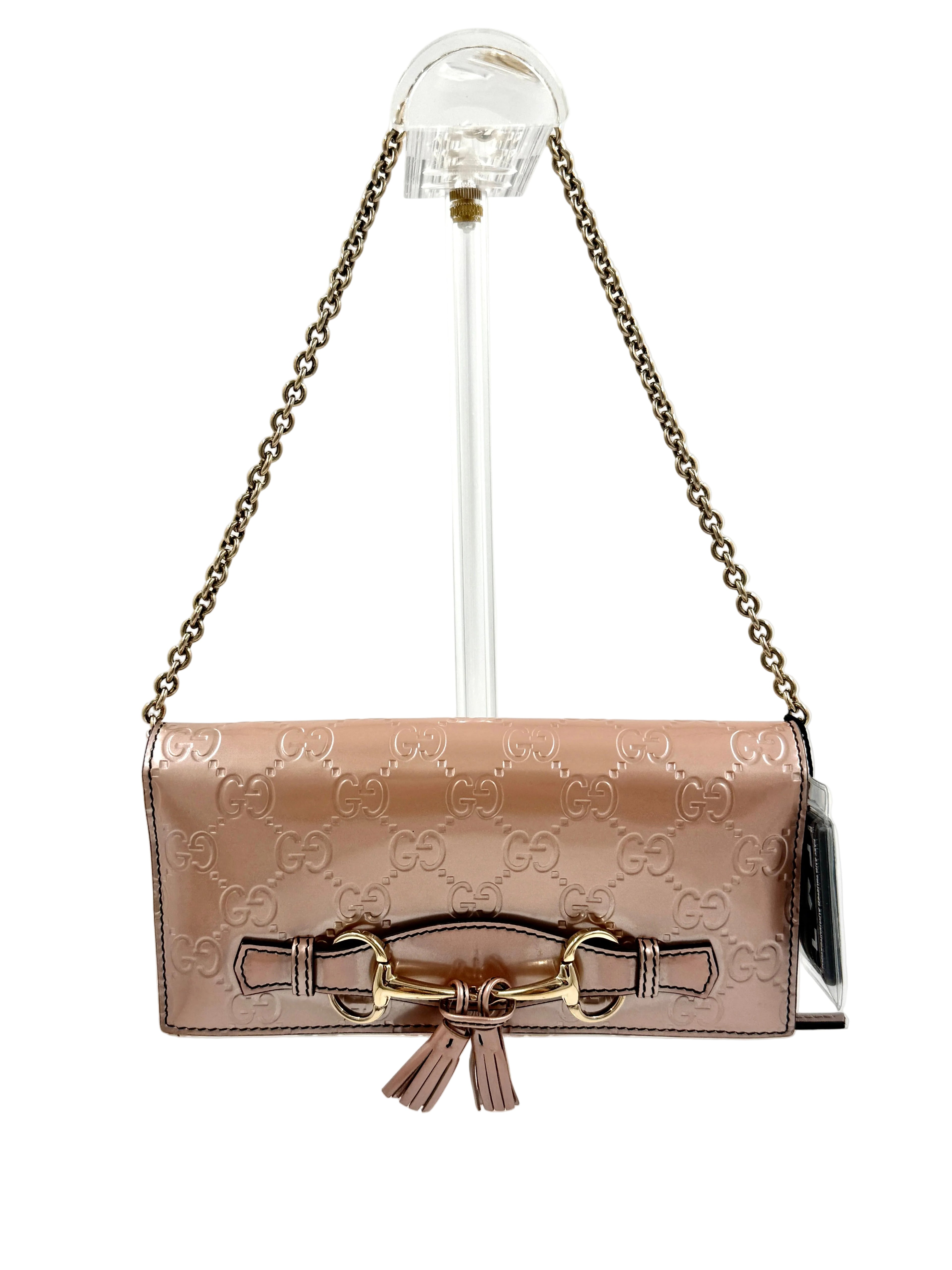 Pre Owned Gucci Shine Guccissima Emily Continental Chain Wallet Pink Beige Authenticated