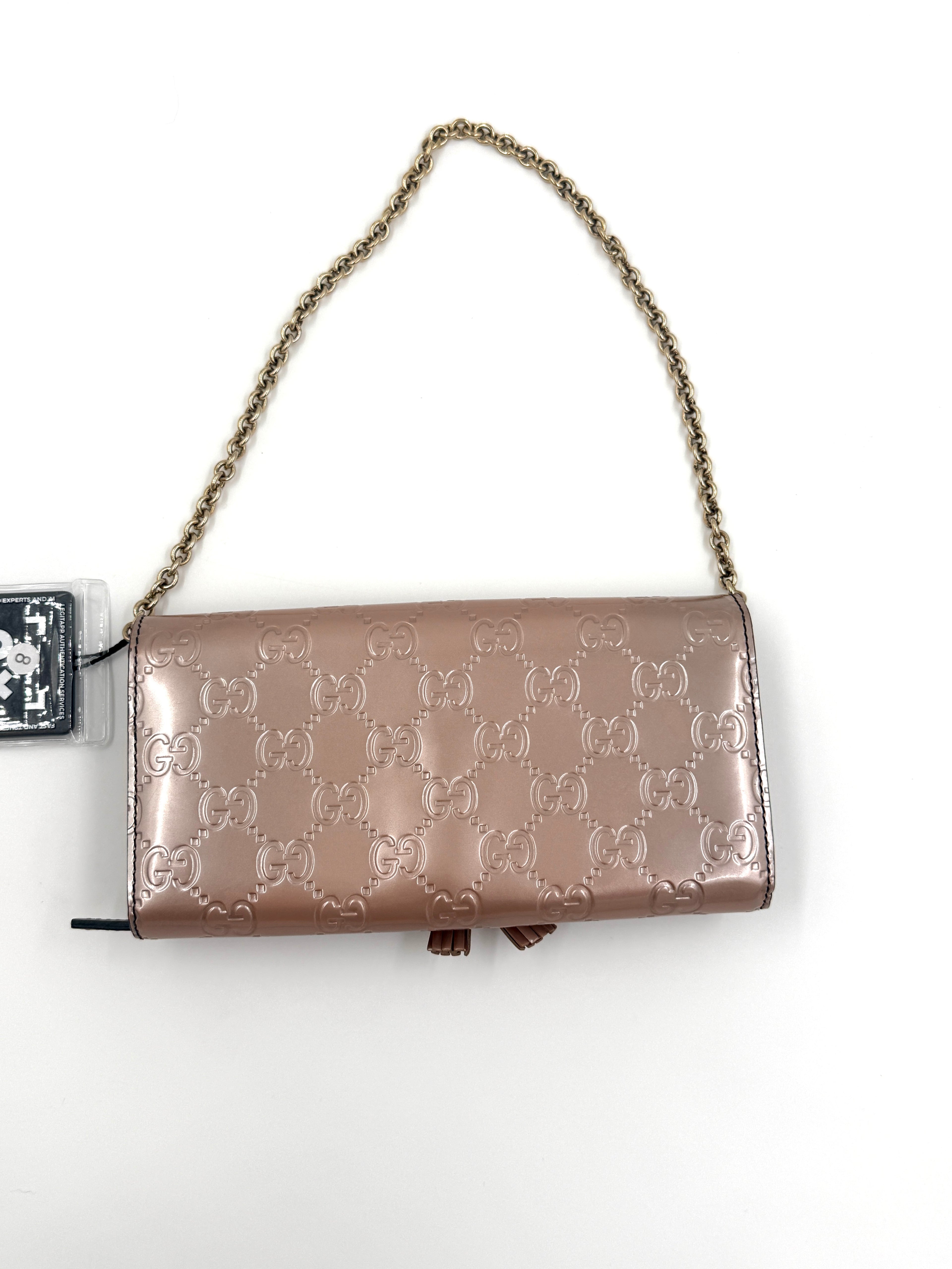 Pre Owned Gucci Shine Guccissima Emily Continental Chain Wallet Pink Beige Authenticated