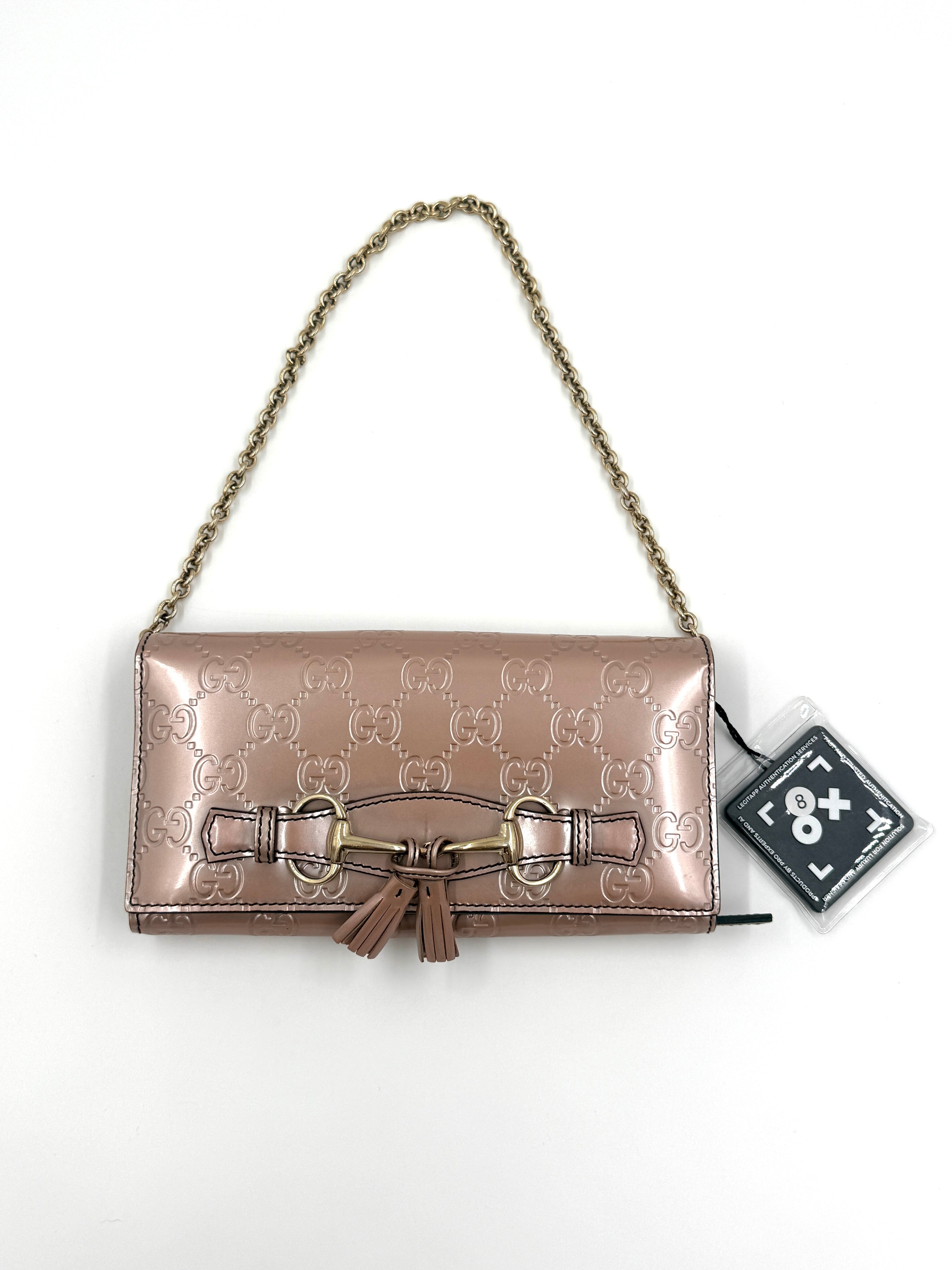 Pre Owned Gucci Shine Guccissima Emily Continental Chain Wallet Pink Beige Authenticated