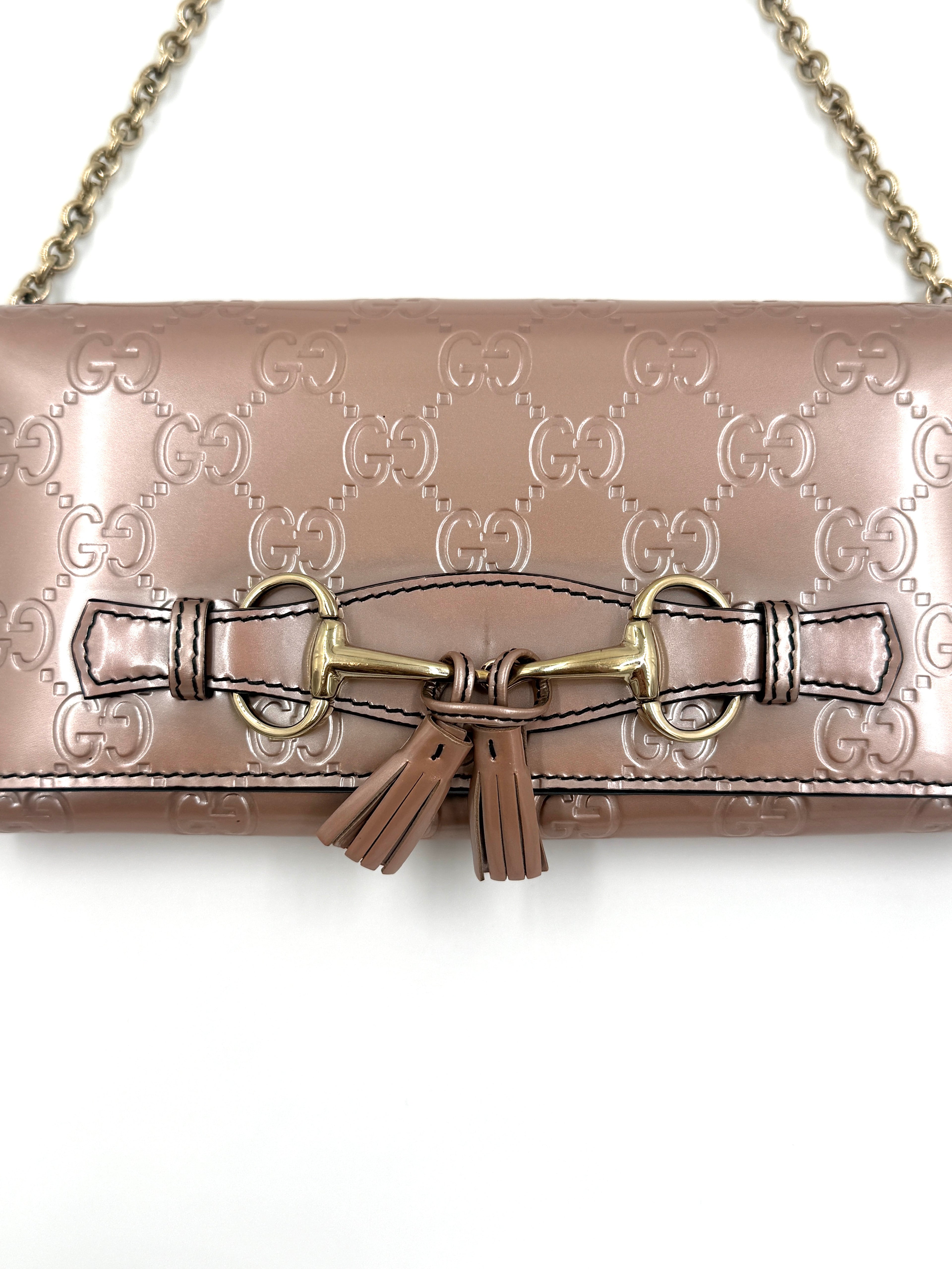 Pre Owned Gucci Shine Guccissima Emily Continental Chain Wallet Pink Beige Authenticated