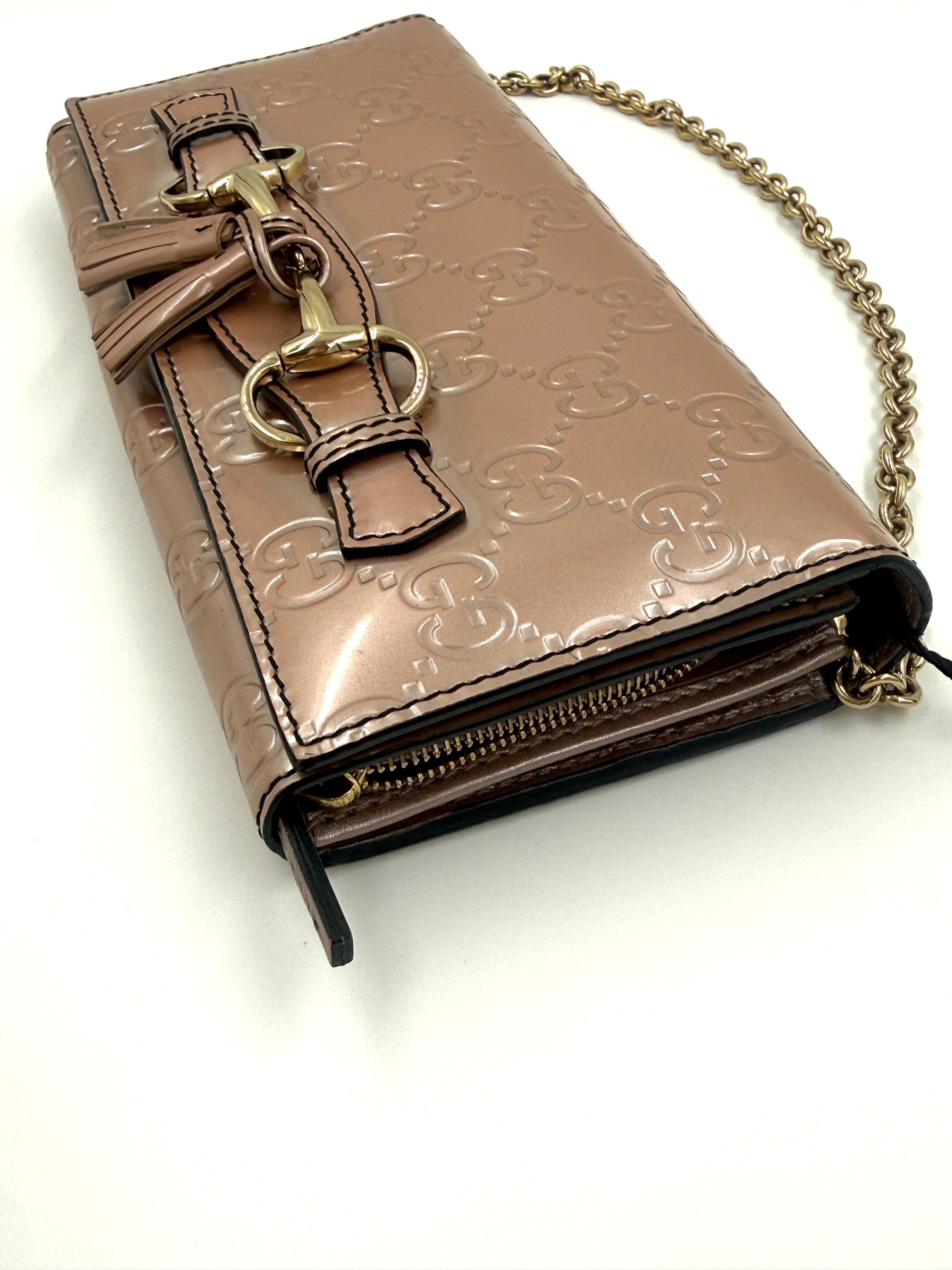 Pre Owned Gucci Shine Guccissima Emily Continental Chain Wallet Pink Beige Authenticated