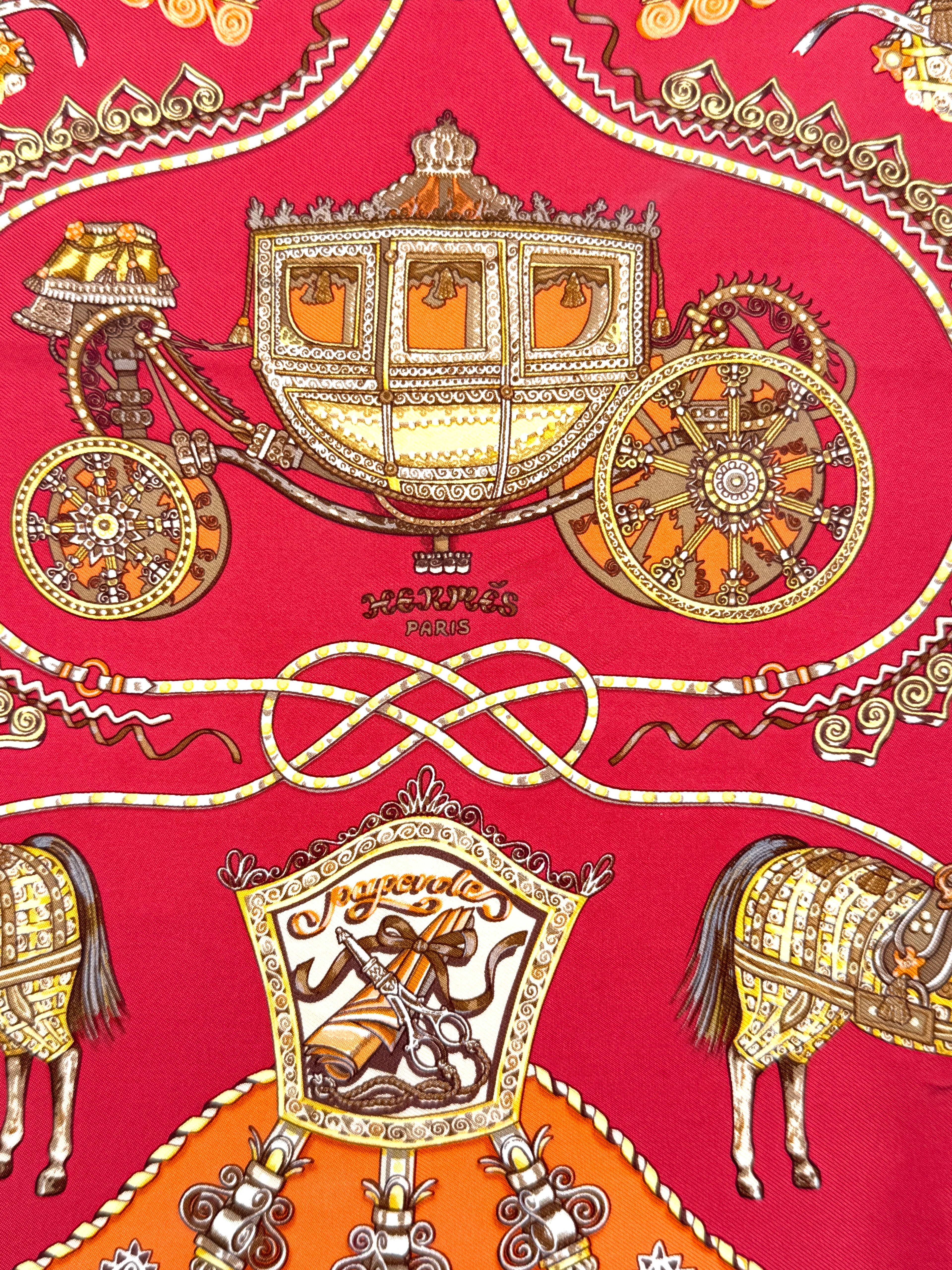 Pre Owned Hermes Red "Les Paperoles" Carre 45 Scarf Authentic