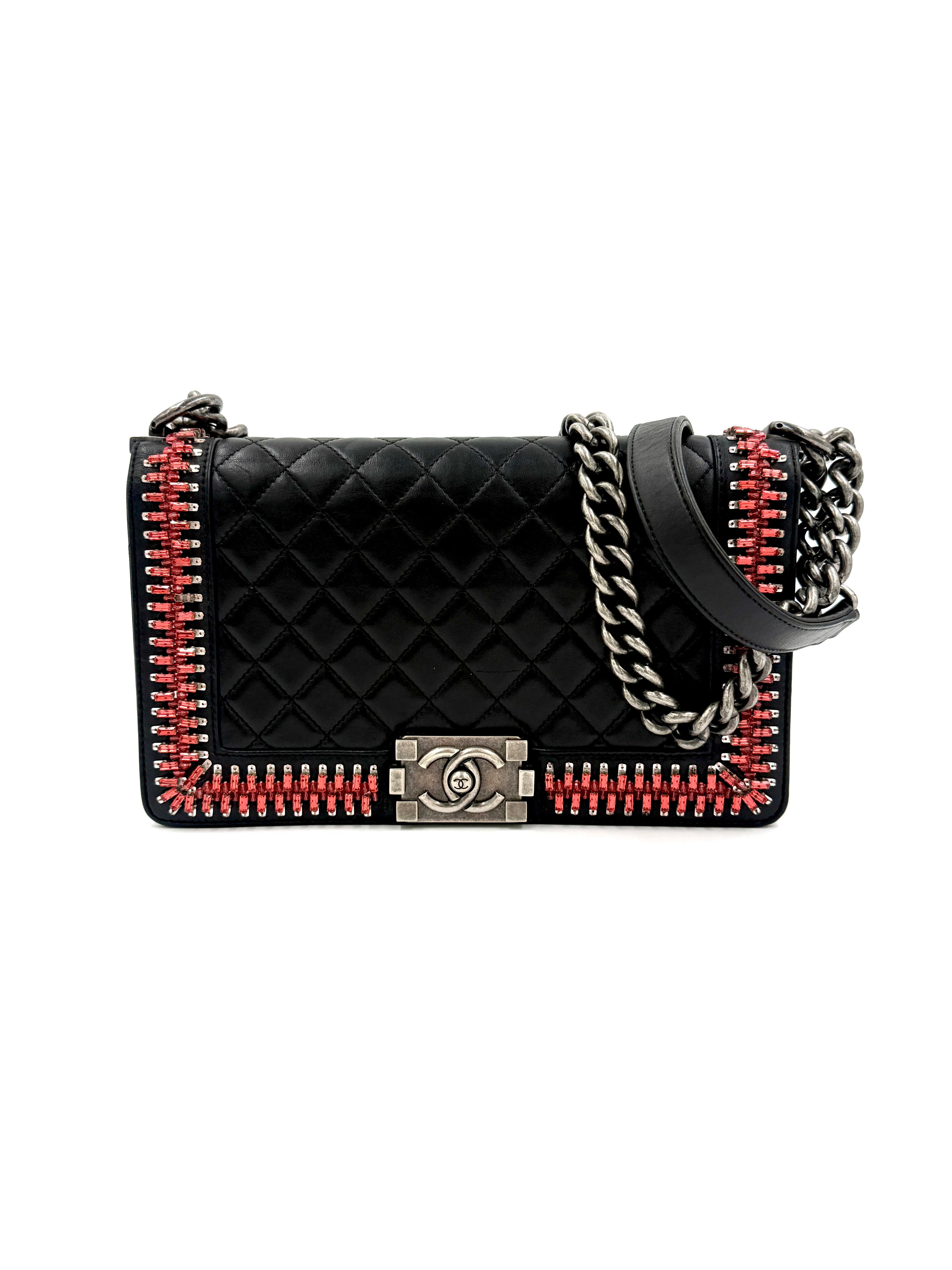 Pre-Owned CHANEL Black Lambskin Medium Boy Bag with Red Crystals - Authenticated