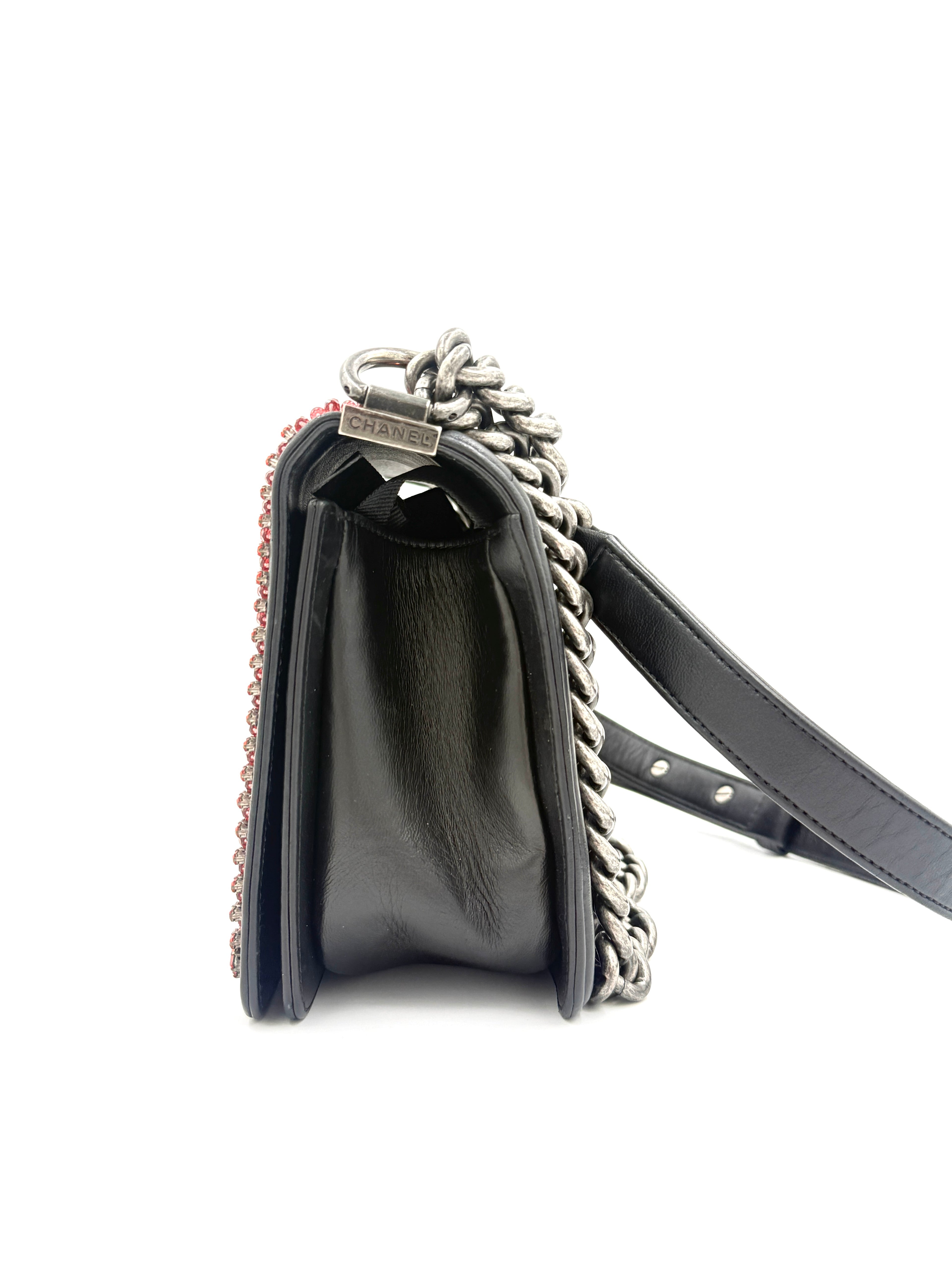 Pre-Owned CHANEL Black Lambskin Medium Boy Bag with Red Crystals - Authenticated