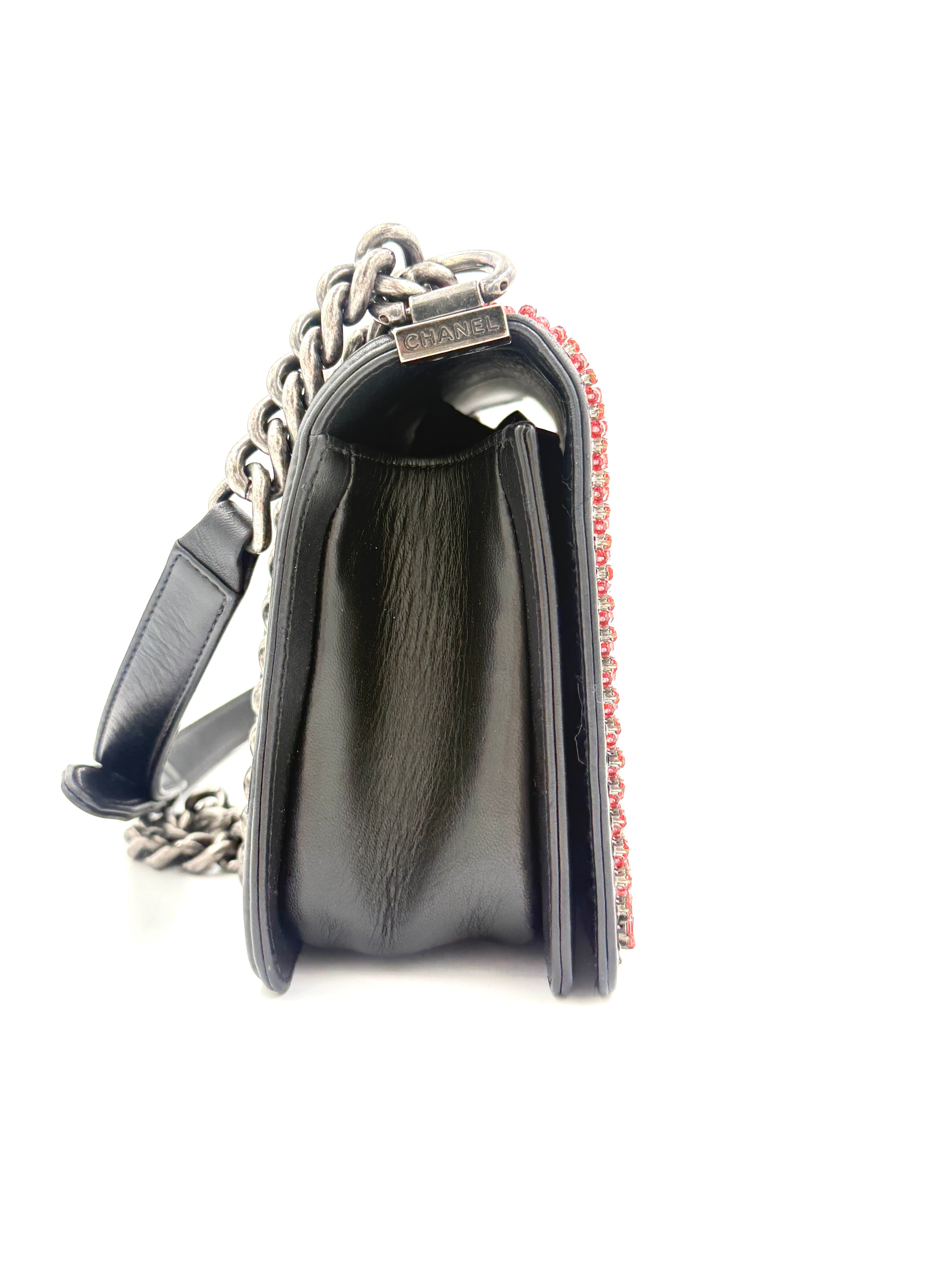 Pre-Owned CHANEL Black Lambskin Medium Boy Bag with Red Crystals - Authenticated