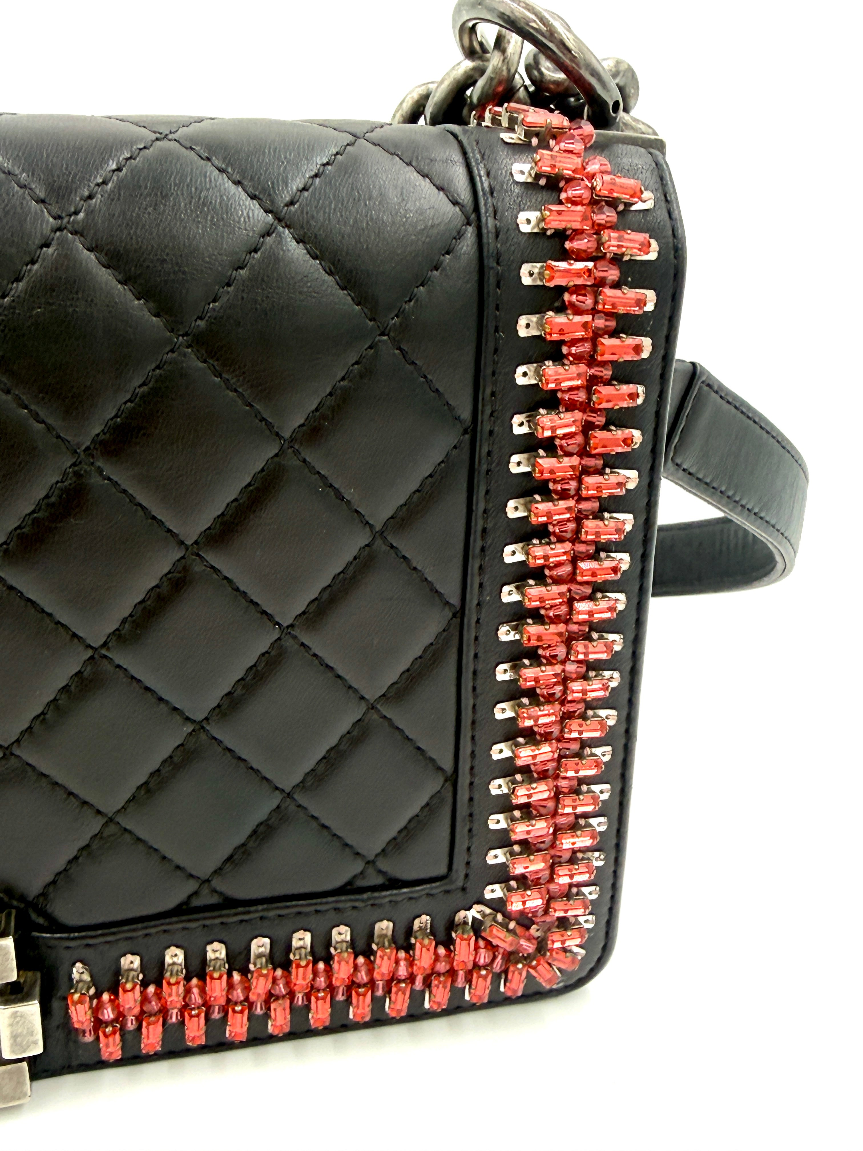 Pre-Owned CHANEL Black Lambskin Medium Boy Bag with Red Crystals - Authenticated