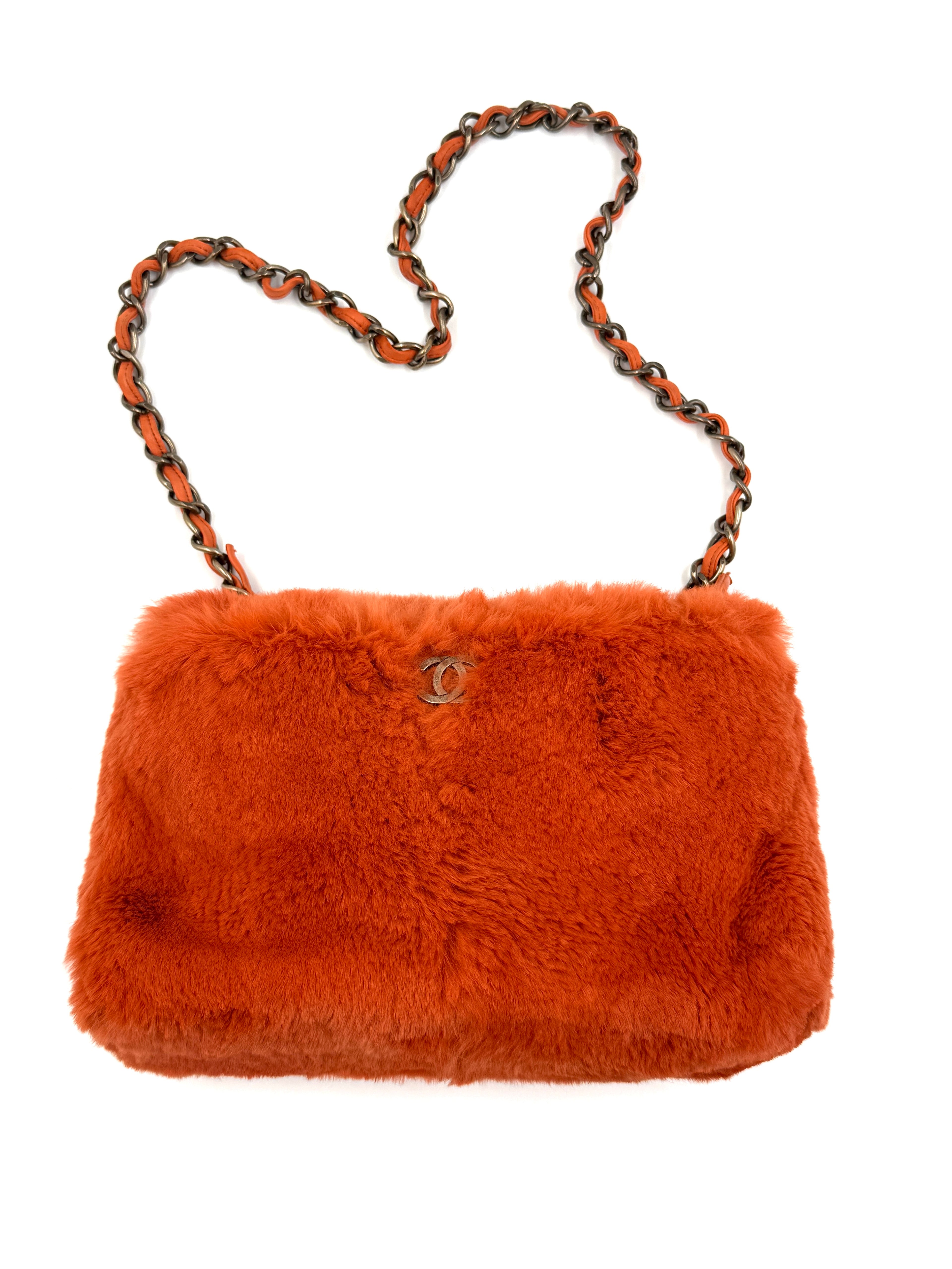 Pre-Owned Chanel Orange Rabbit Fur Bag Chain Shoulder Bag - Authenticated