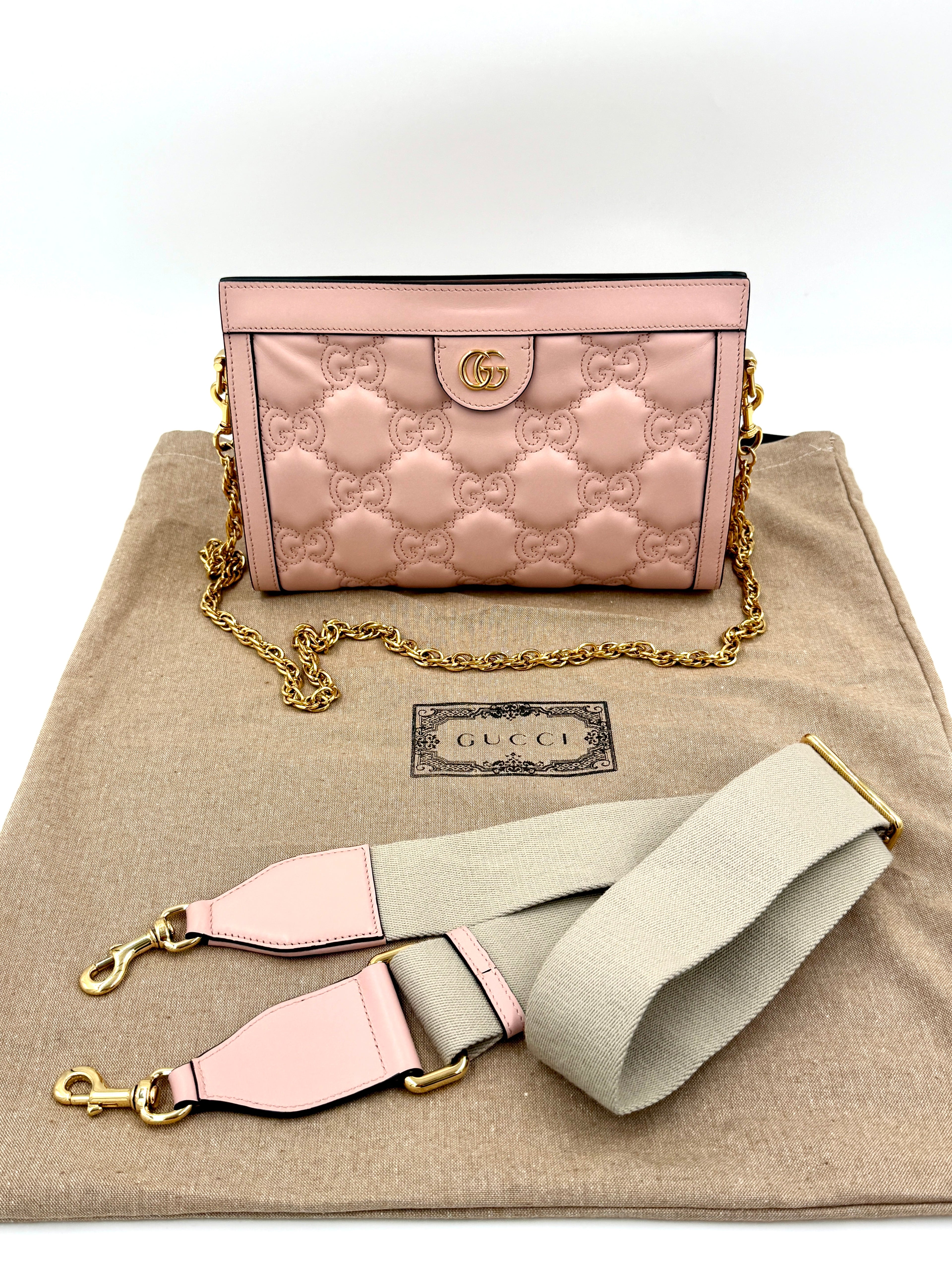 GUCCI Calfskin GG Matelasse Small Slim Chain Shoulder Bag Perfect Pink Natural