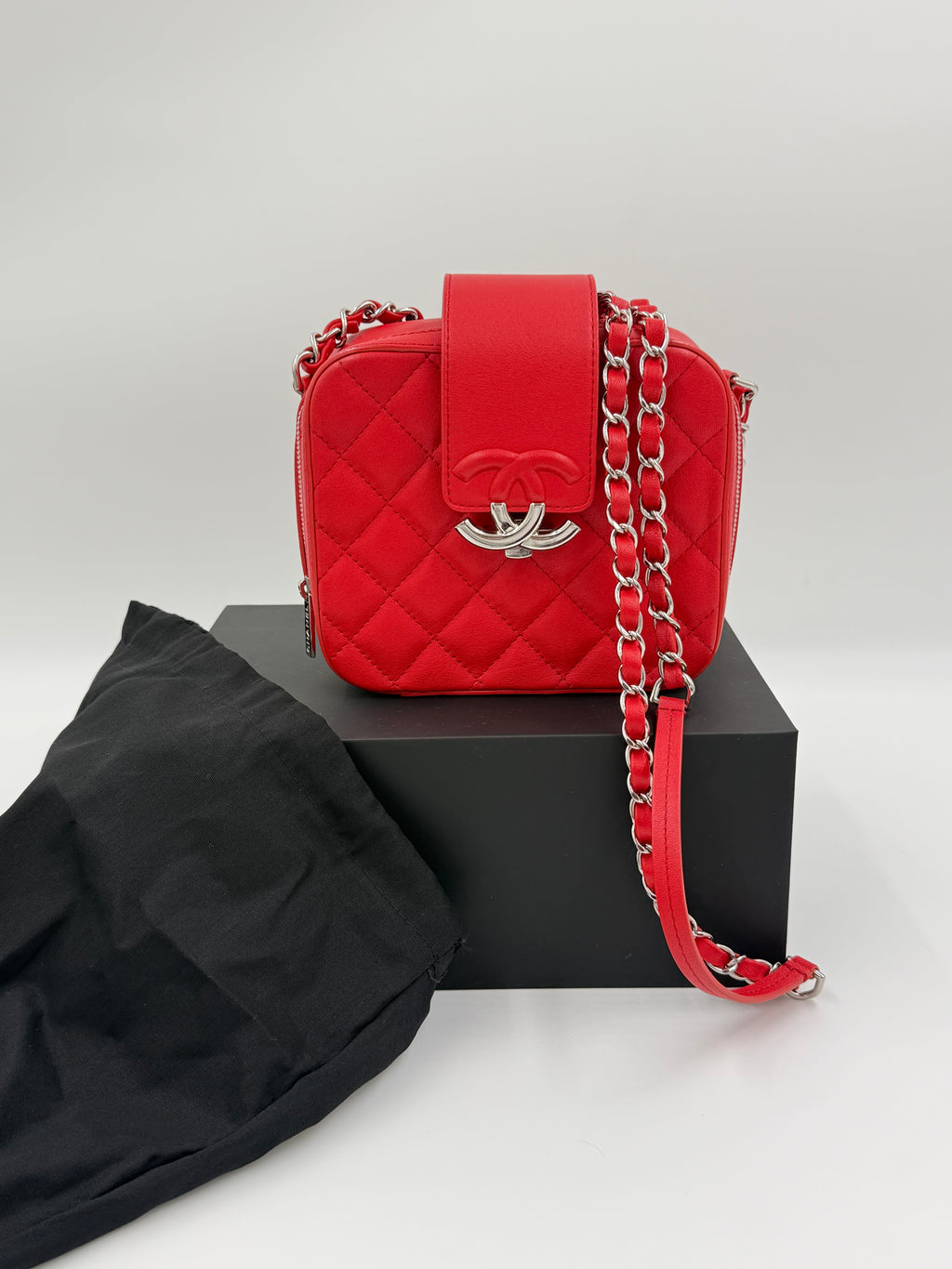 Pre-Owned CHANEL Mini CC Box Camera Bag with Silver Hardware Red - Authenticated