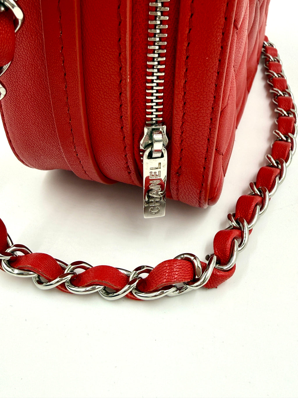 Pre-Owned CHANEL Mini CC Box Camera Bag with Silver Hardware Red - Authenticated