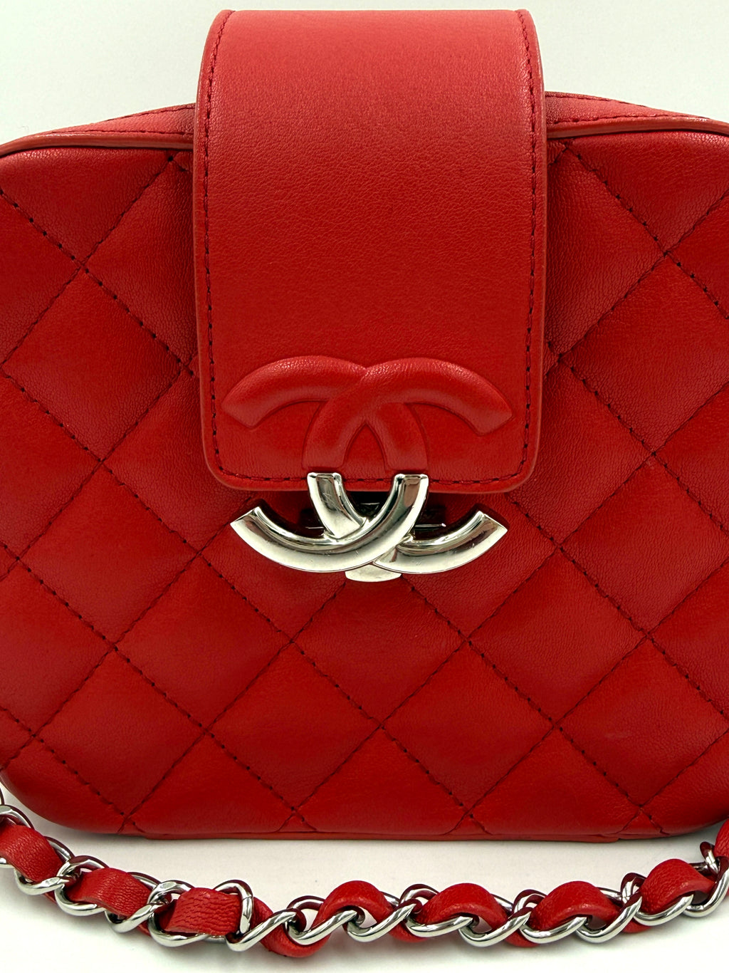 Pre-Owned CHANEL Mini CC Box Camera Bag with Silver Hardware Red - Authenticated