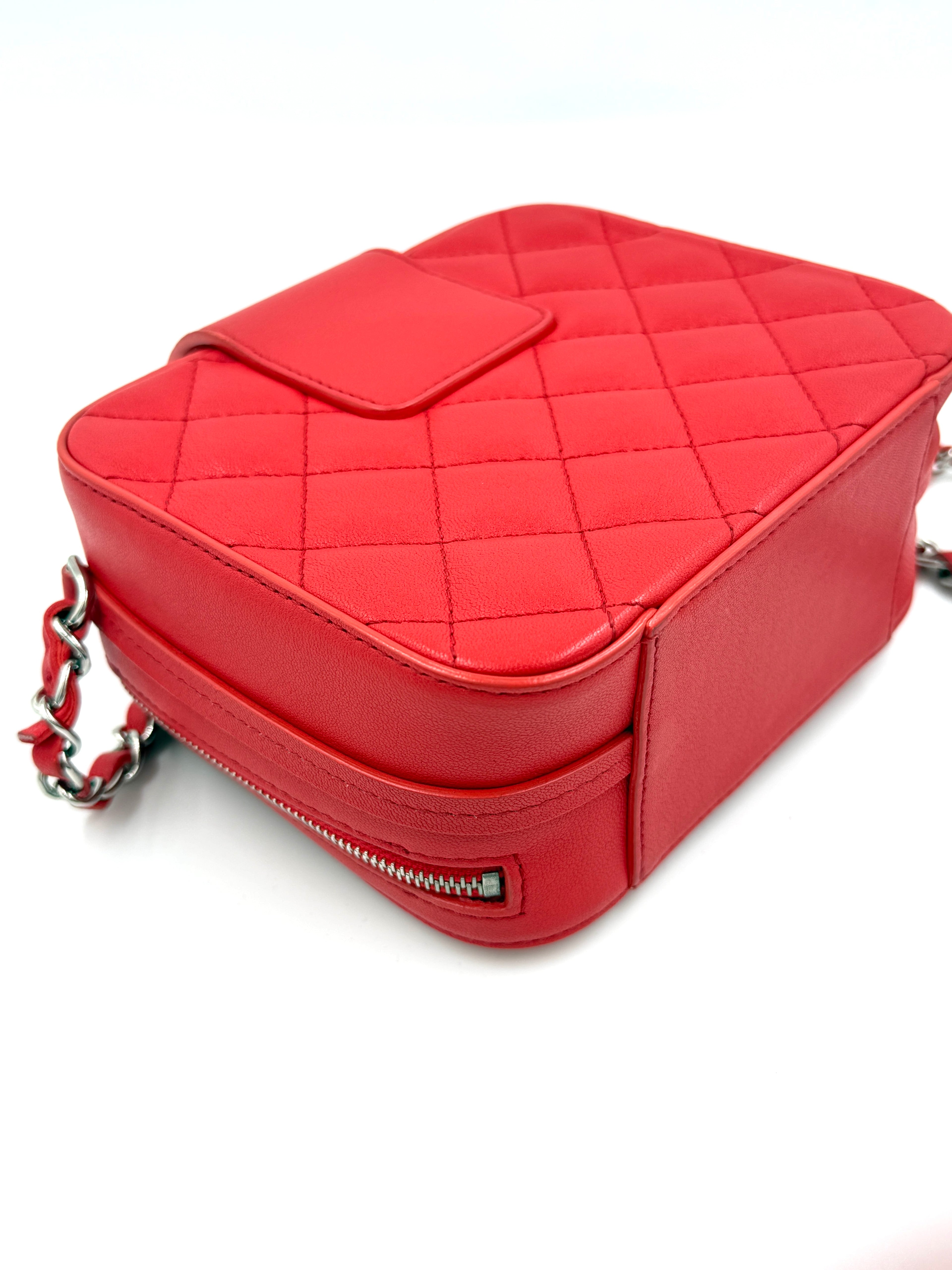 Pre-Owned CHANEL Mini CC Box Camera Bag with Silver Hardware Red - Authenticated
