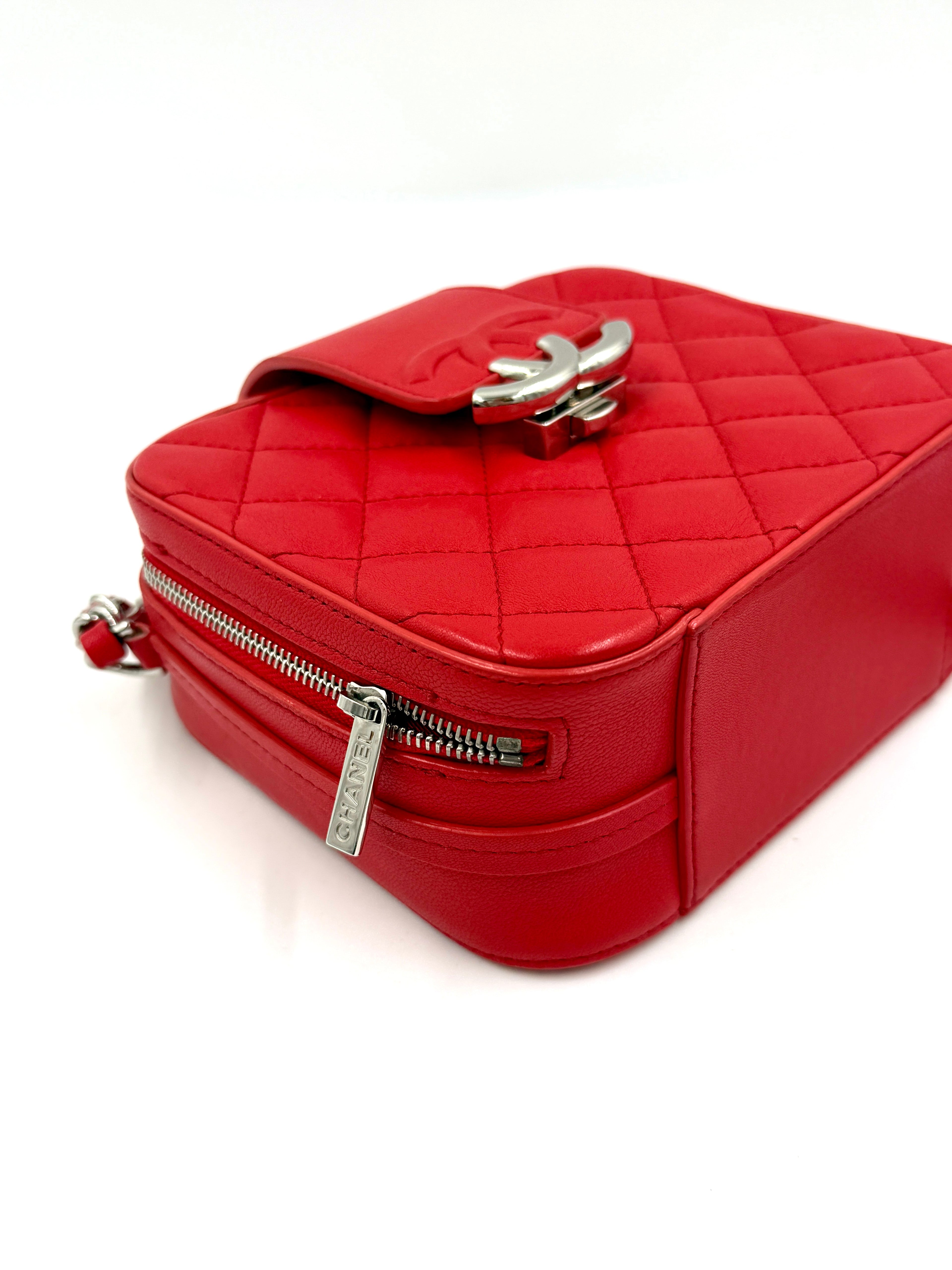Pre-Owned CHANEL Mini CC Box Camera Bag with Silver Hardware Red - Authenticated