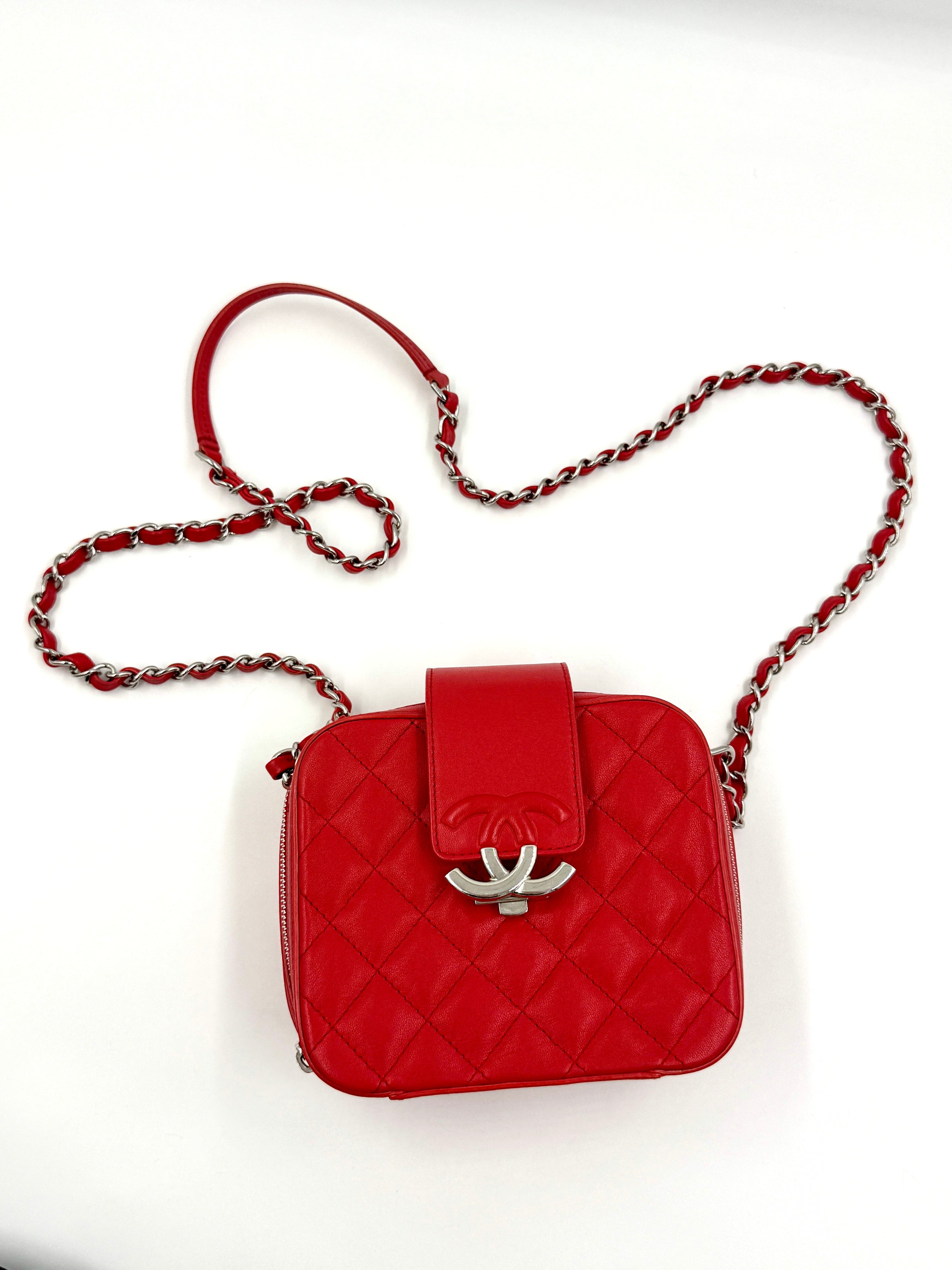 Pre-Owned CHANEL Mini CC Box Camera Bag with Silver Hardware Red - Authenticated