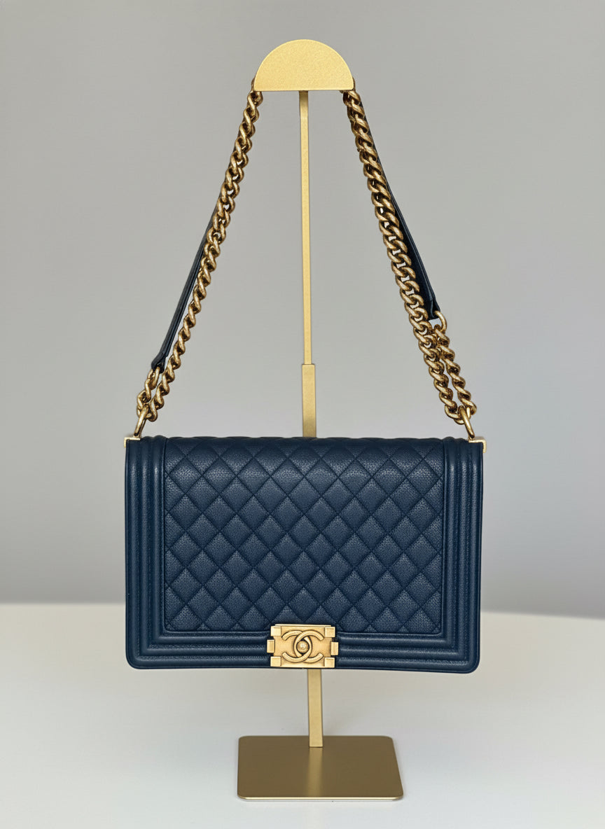 Chanel Boy Bag New Medium Navy Caviar Leather Gold Hardware Pristine - Pre Owned Authentic