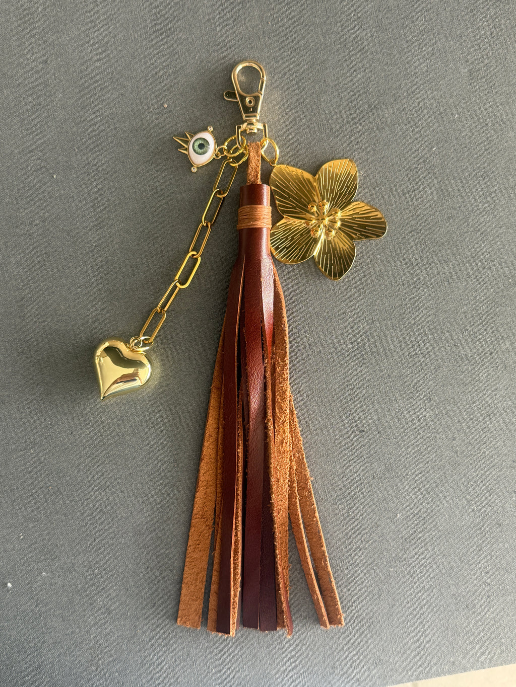 Bag Charm with Leather Tassel and Charms - Burgundy