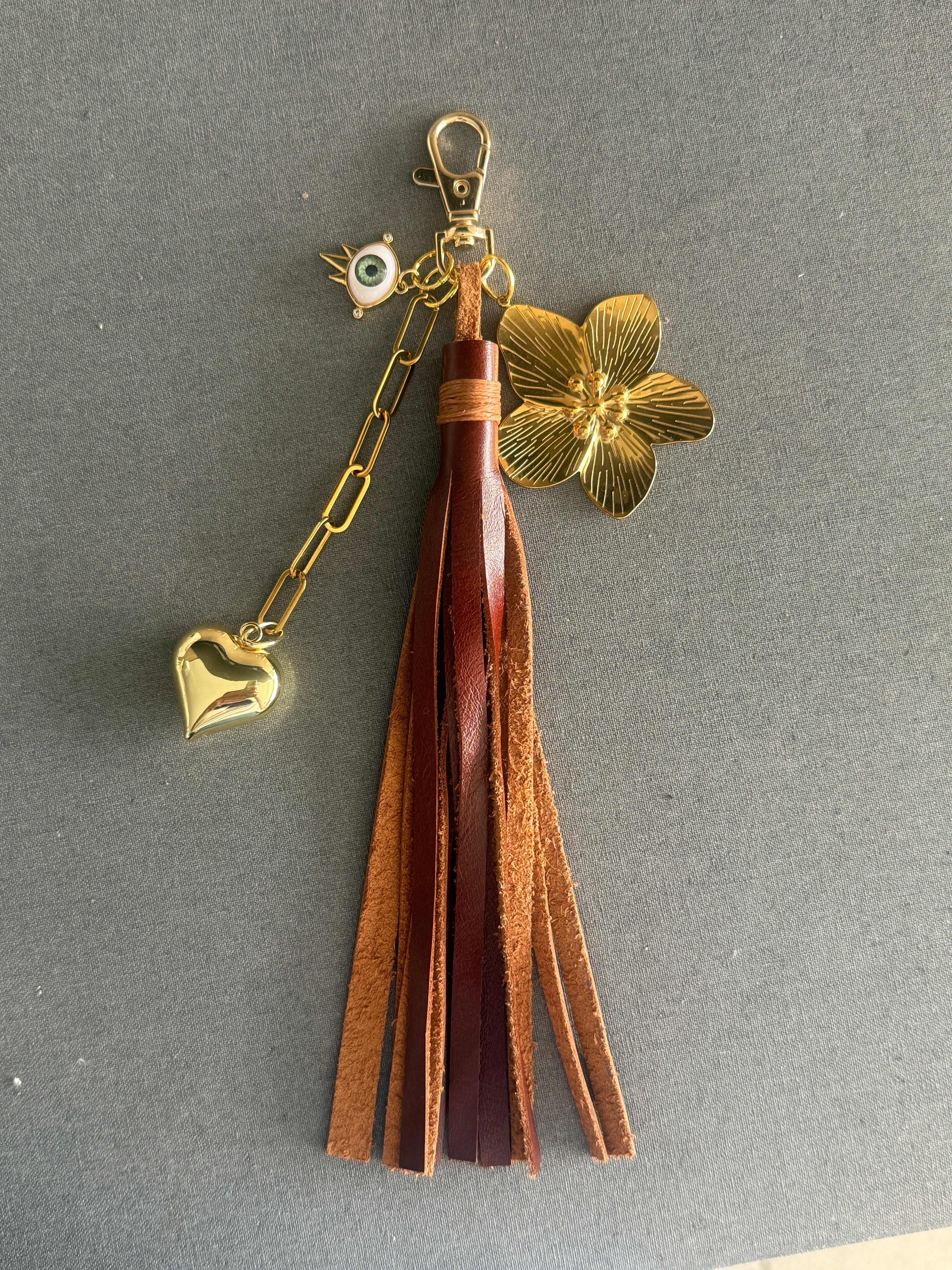 Bag Charm with Leather Tassel and Charms - Burgundy