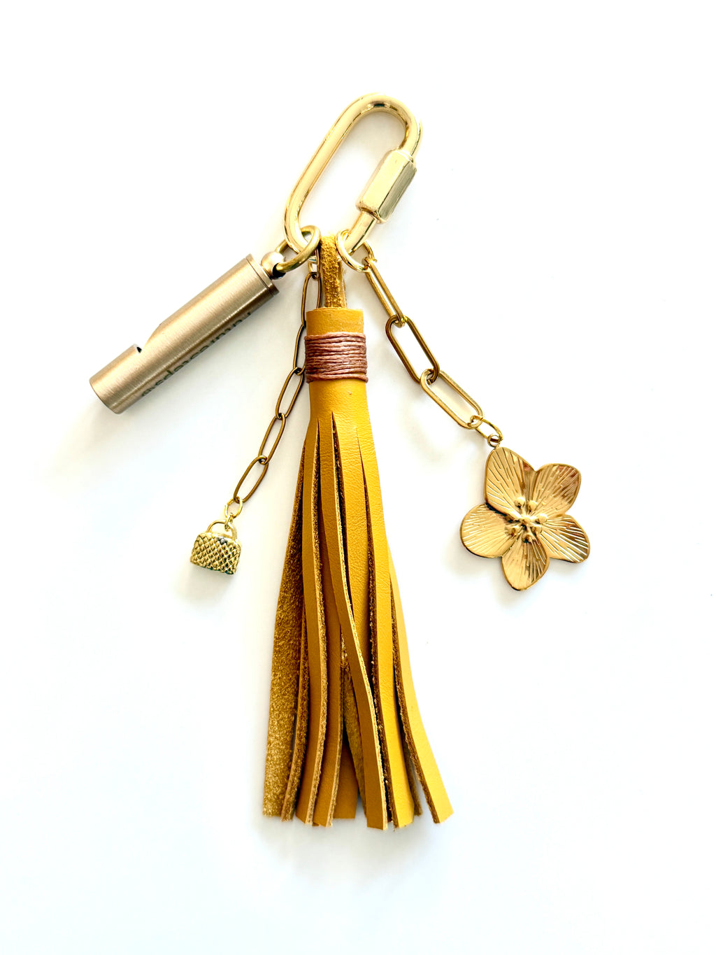 Bag Charm with Leather Tassel, Emergency Whistle and Charms  - Yellow