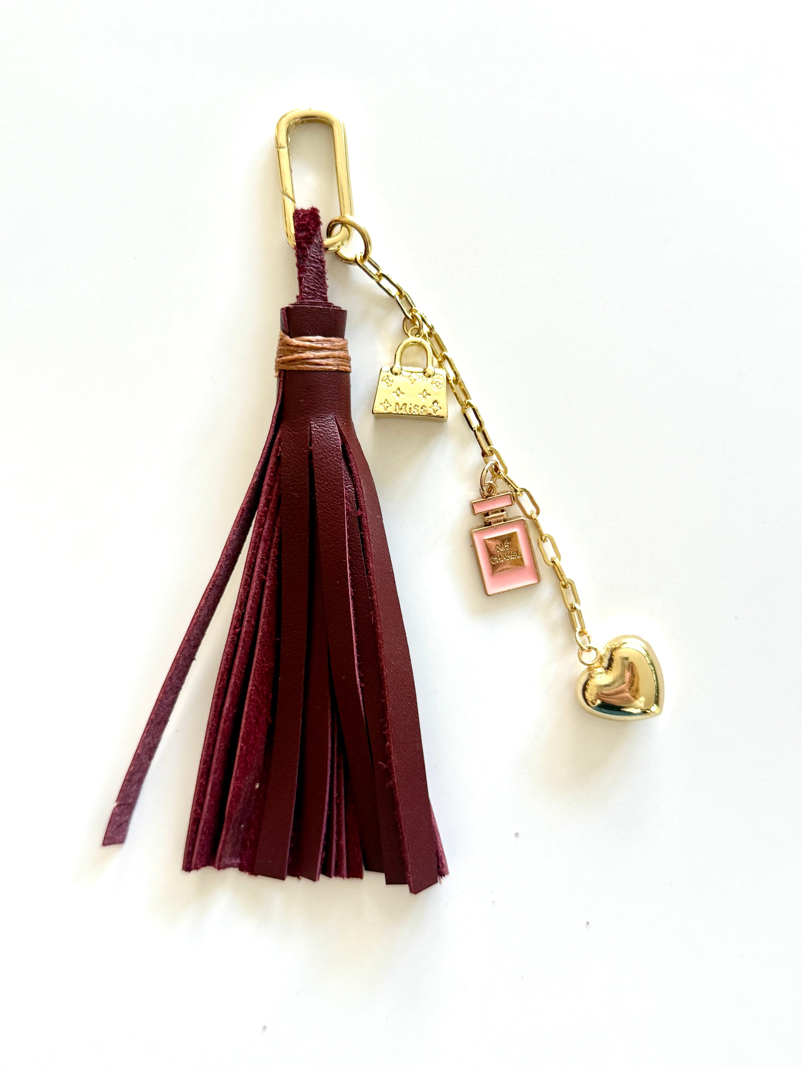 Bag Charm with Leather Tassel and Charms - Burgundy