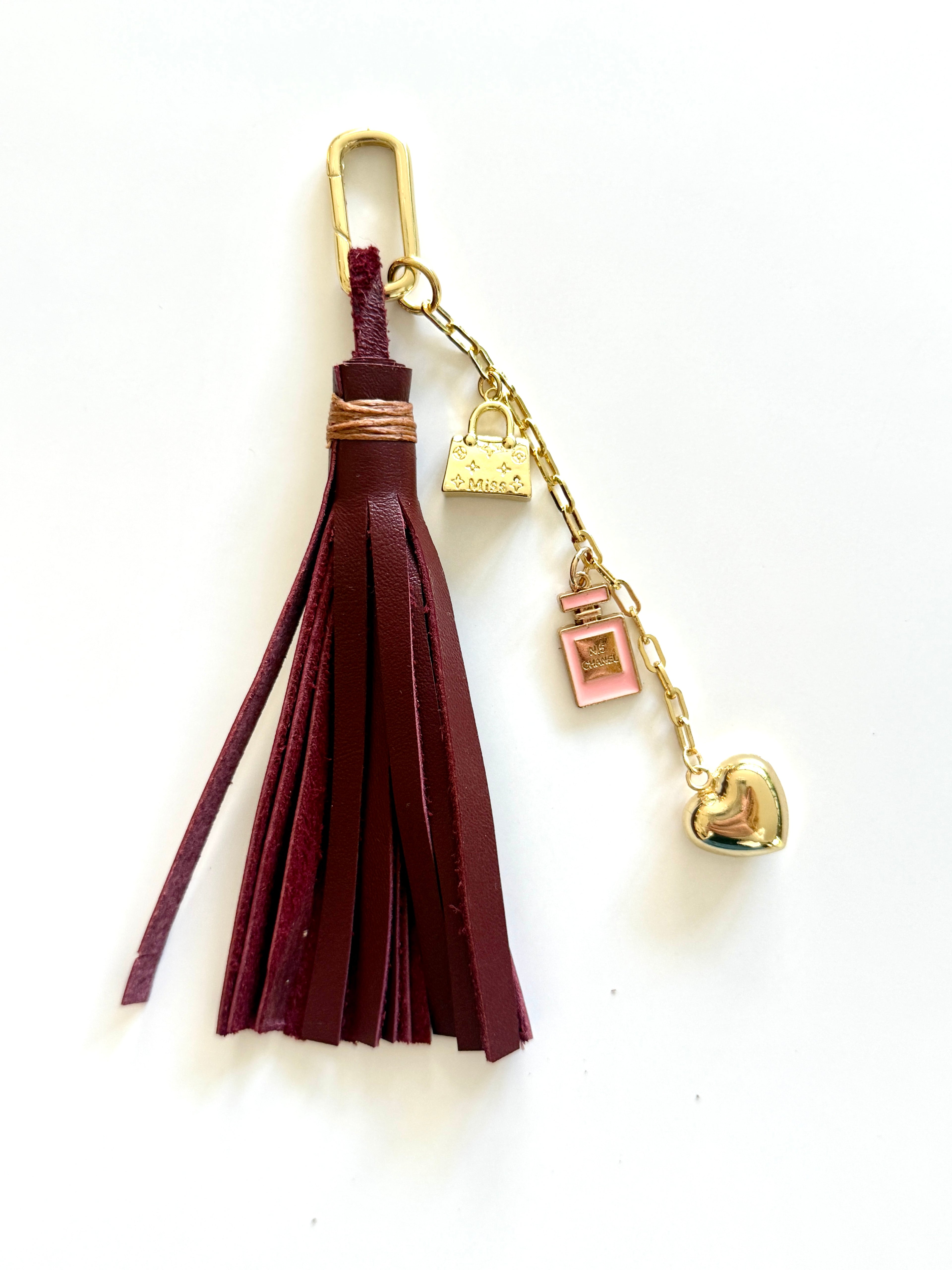 Bag Charm with Leather Tassel and Charms - Burgundy