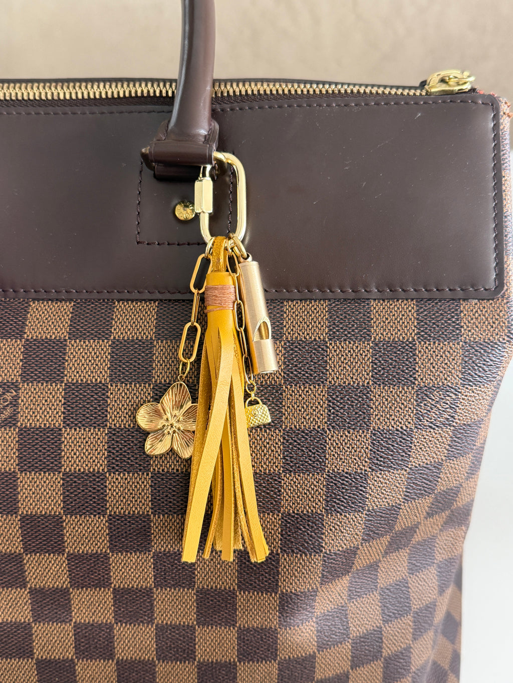 Bag Charm with Leather Tassel, Emergency Whistle and Charms  - Yellow