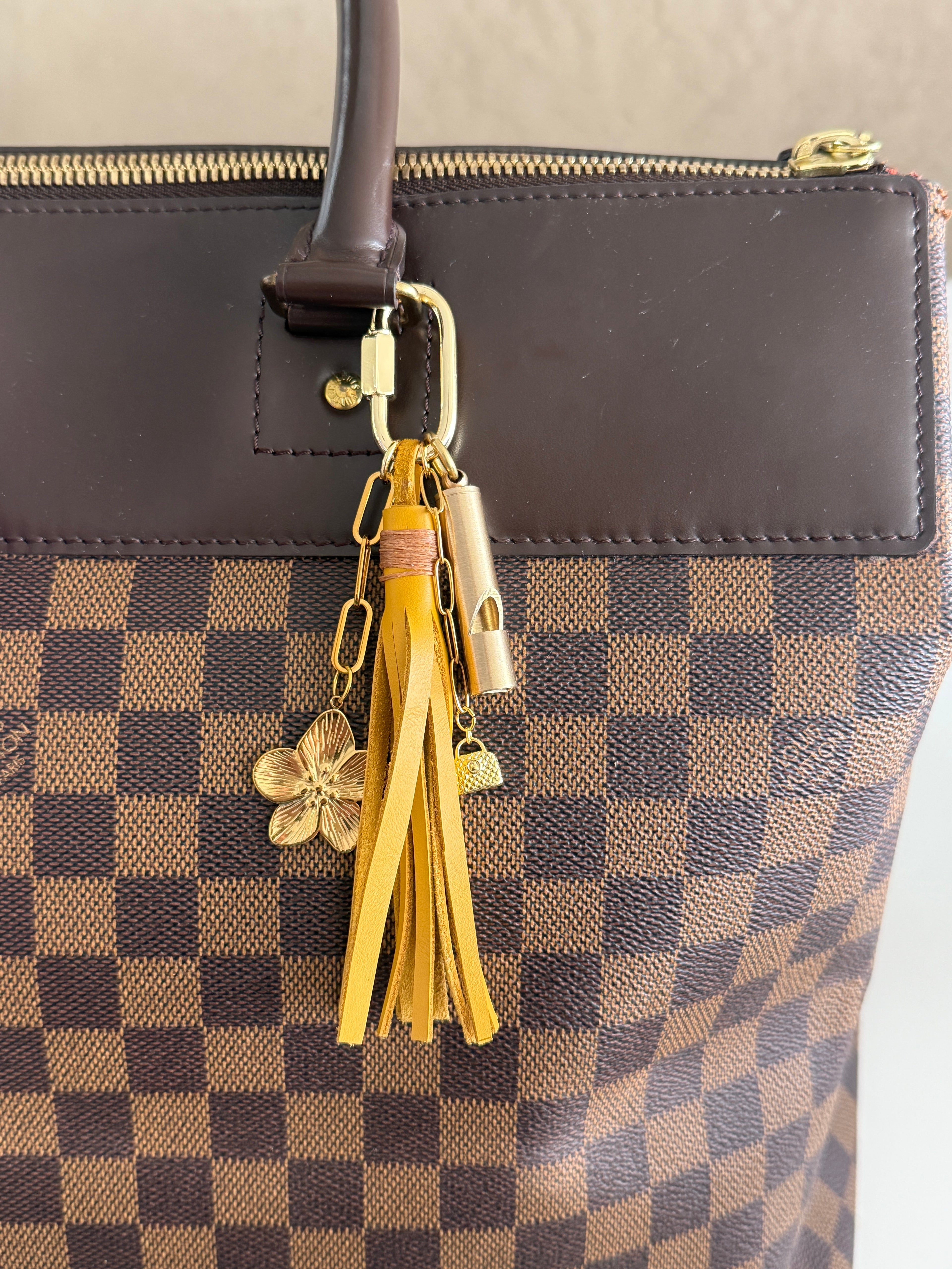 Bag Charm with Leather Tassel, Emergency Whistle and Charms  - Yellow