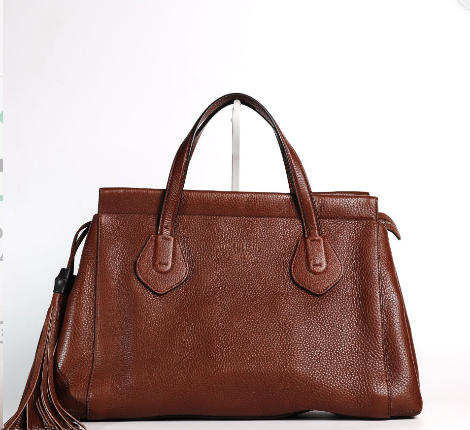 Pre-Owned Gucci Brown Leather Bamboo Bead Tassel Handbag - Authenticated