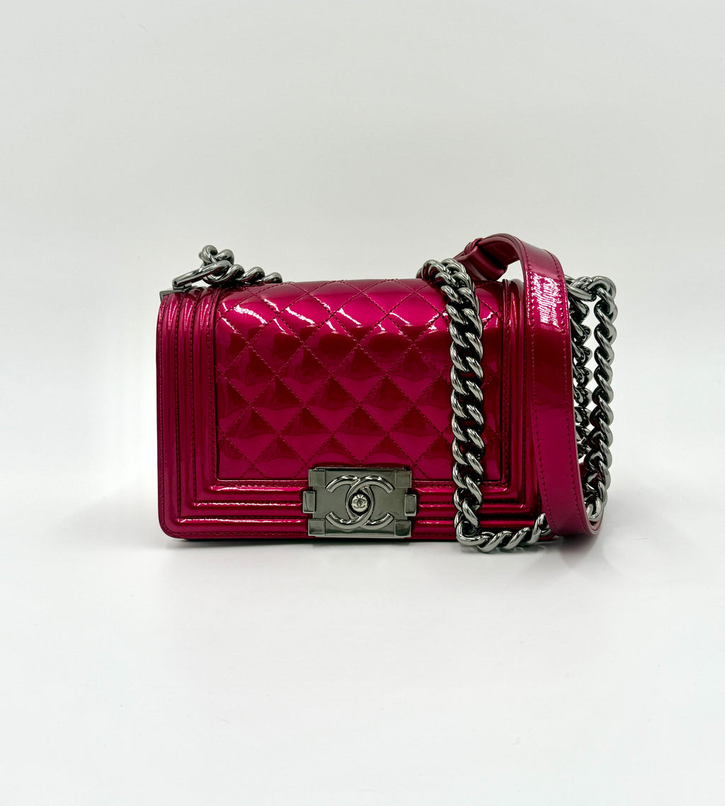 Chanel Pink Liquid Patent Small Boy Bag with Ruthenium Hardware - Pre Owned Authentic