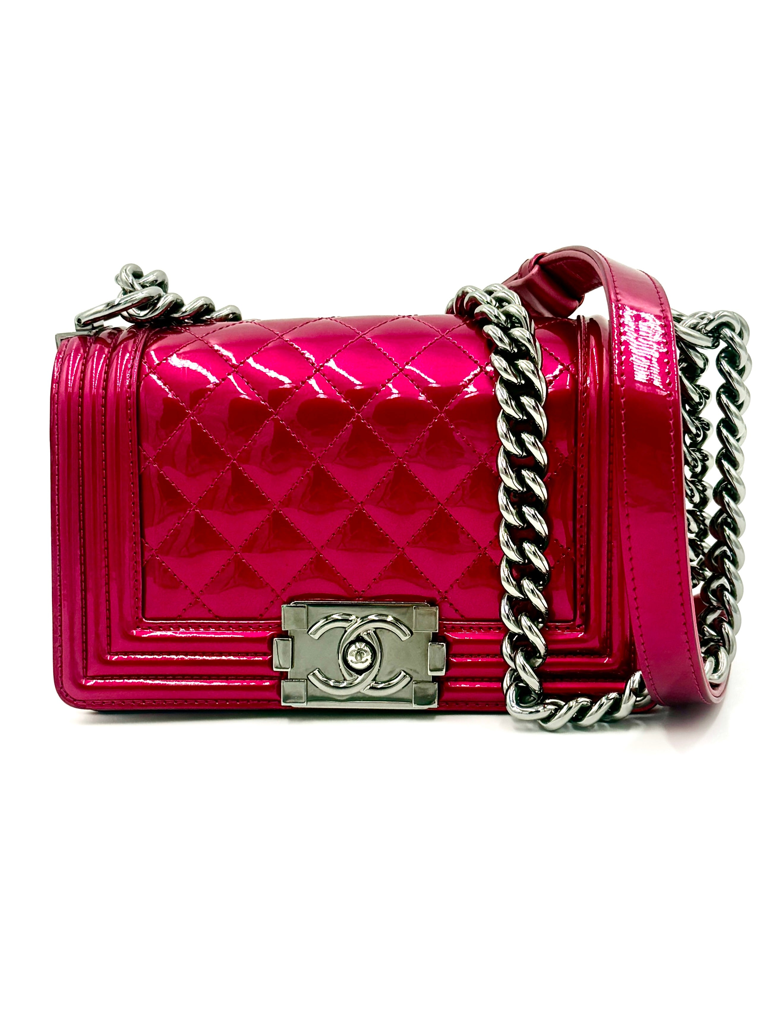 Pre-Owned Chanel Pink Liquid Patent Small Boy Bag with Ruthenium Hardware - Authenticated