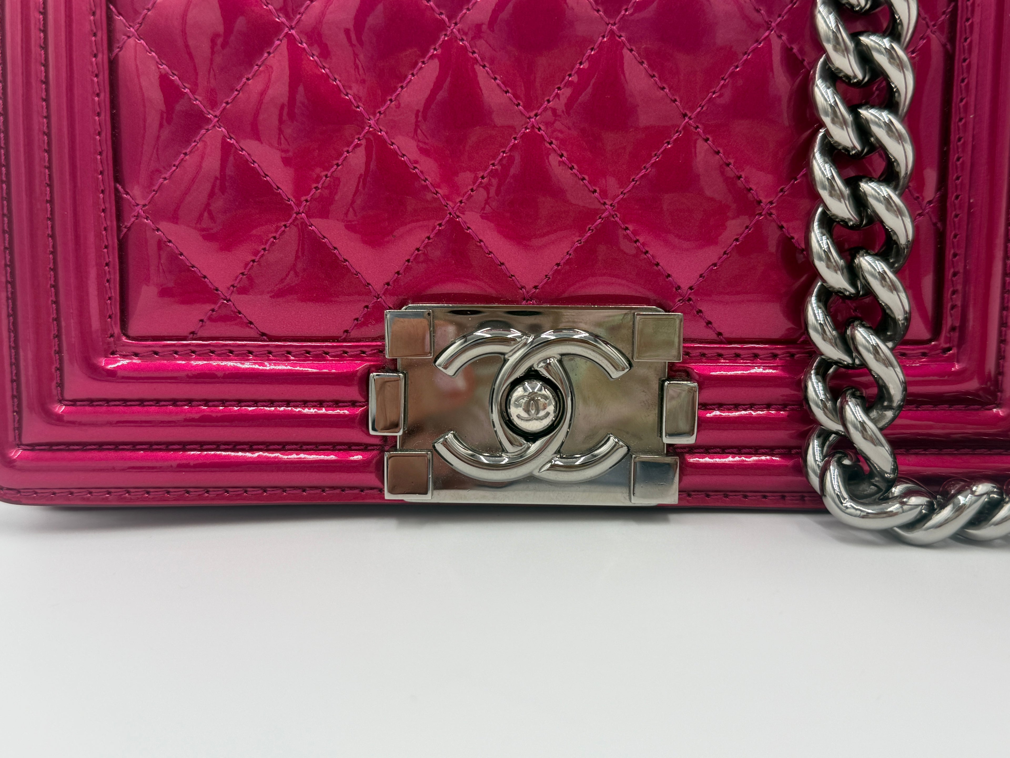 Chanel Pink Liquid Patent Small Boy Bag with Ruthenium Hardware - Pre Owned Authentic