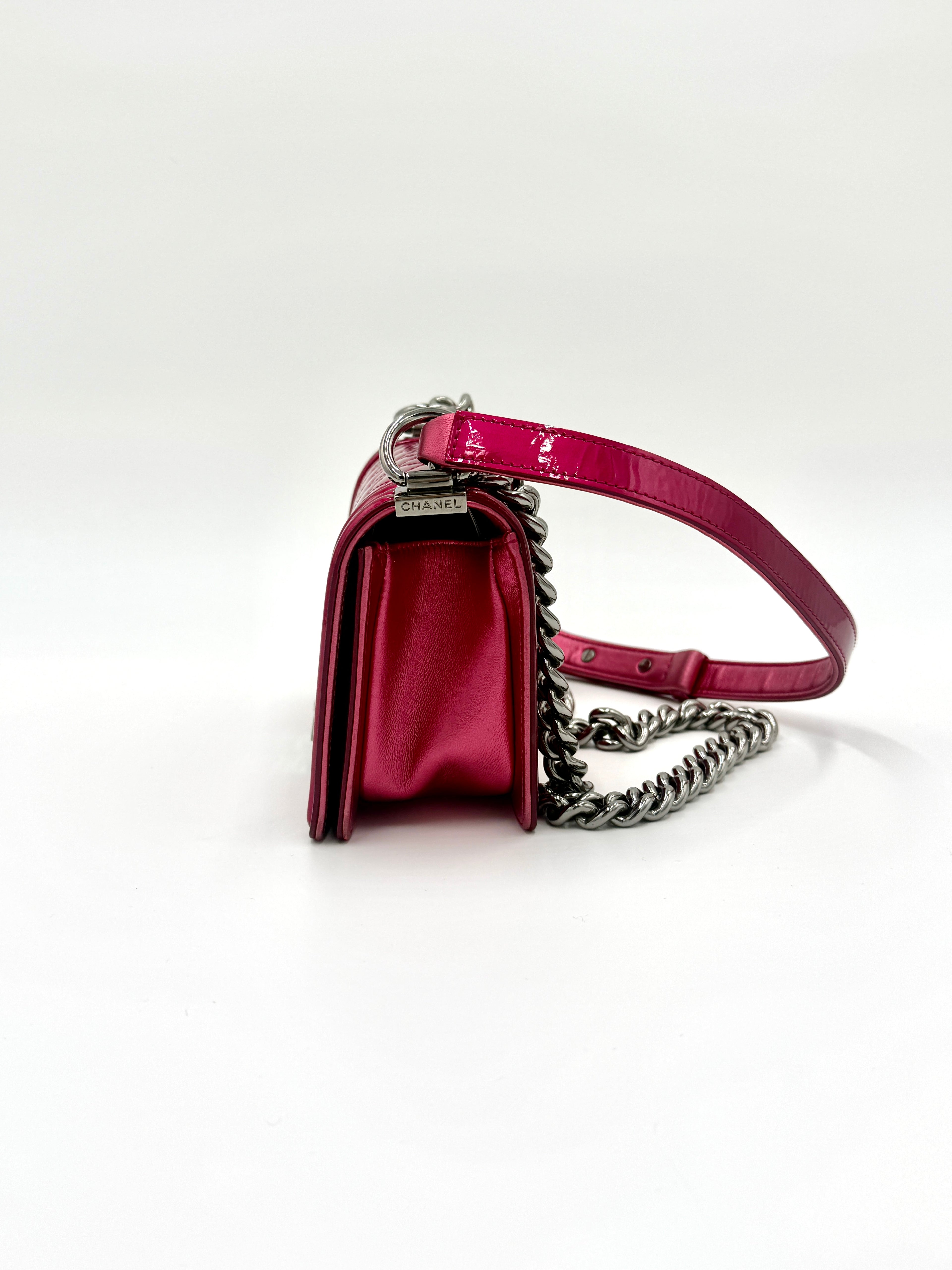 Chanel Pink Liquid Patent Small Boy Bag with Ruthenium Hardware - Pre Owned Authentic