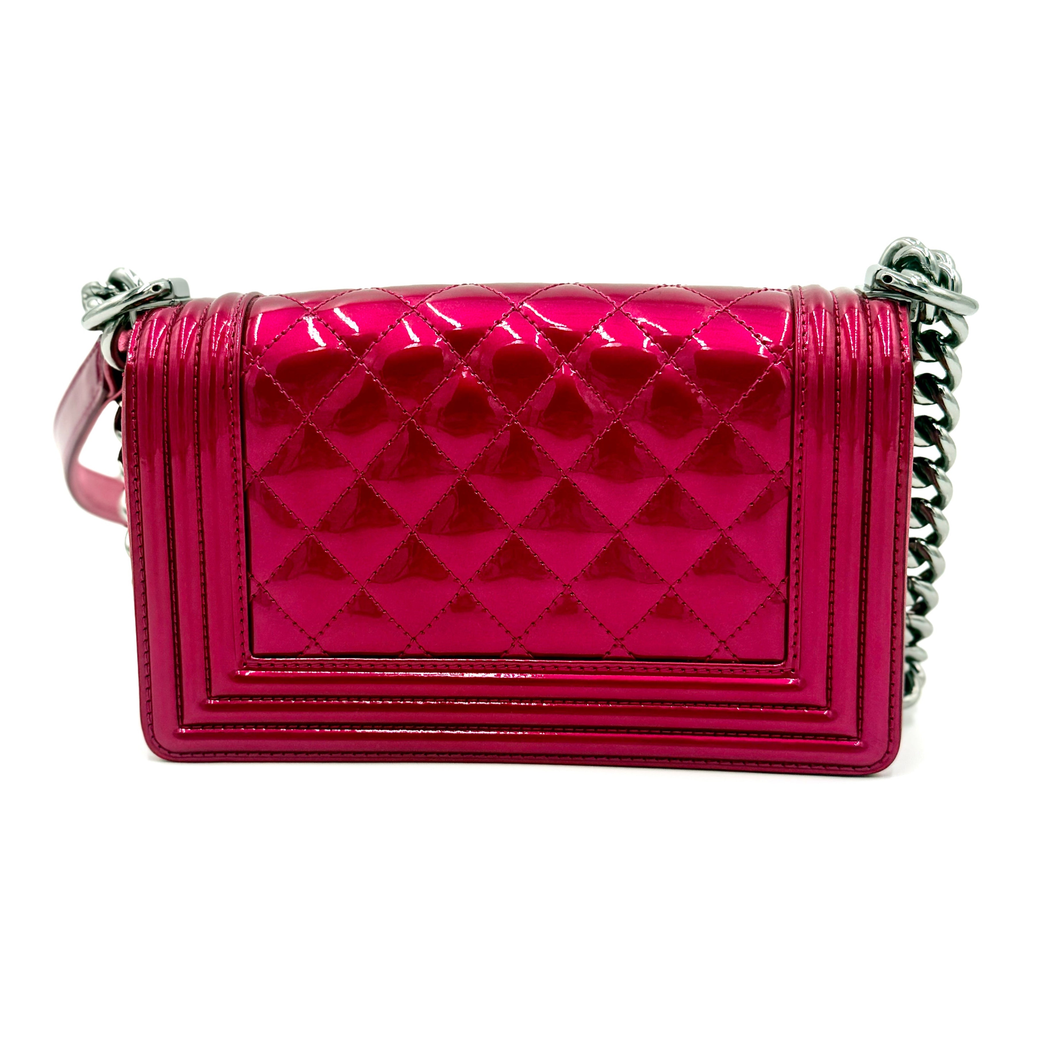 Pre-Owned Chanel Pink Liquid Patent Small Boy Bag with Ruthenium Hardware - Authenticated