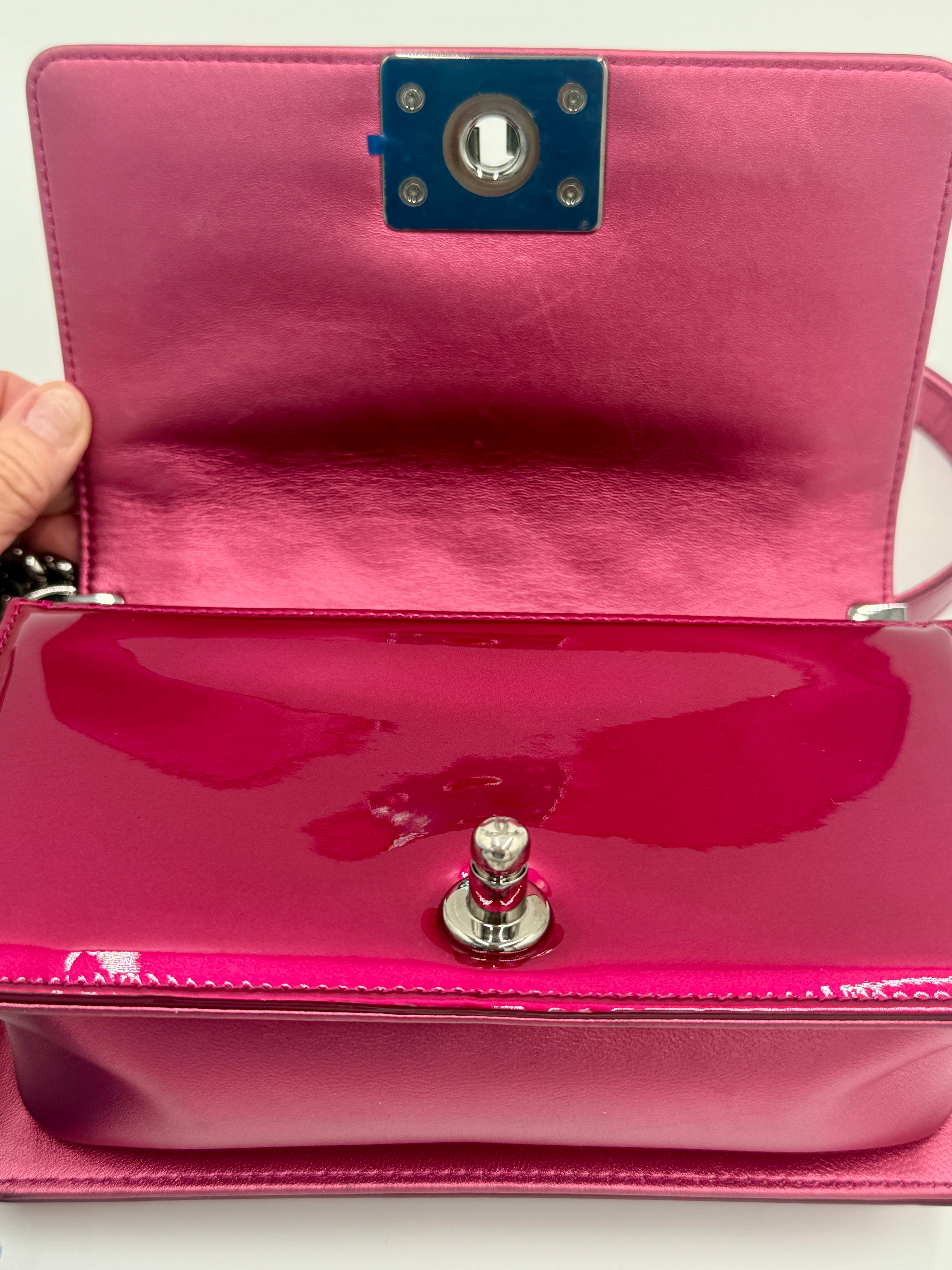 Chanel Pink Liquid Patent Small Boy Bag with Ruthenium Hardware - Pre Owned Authentic