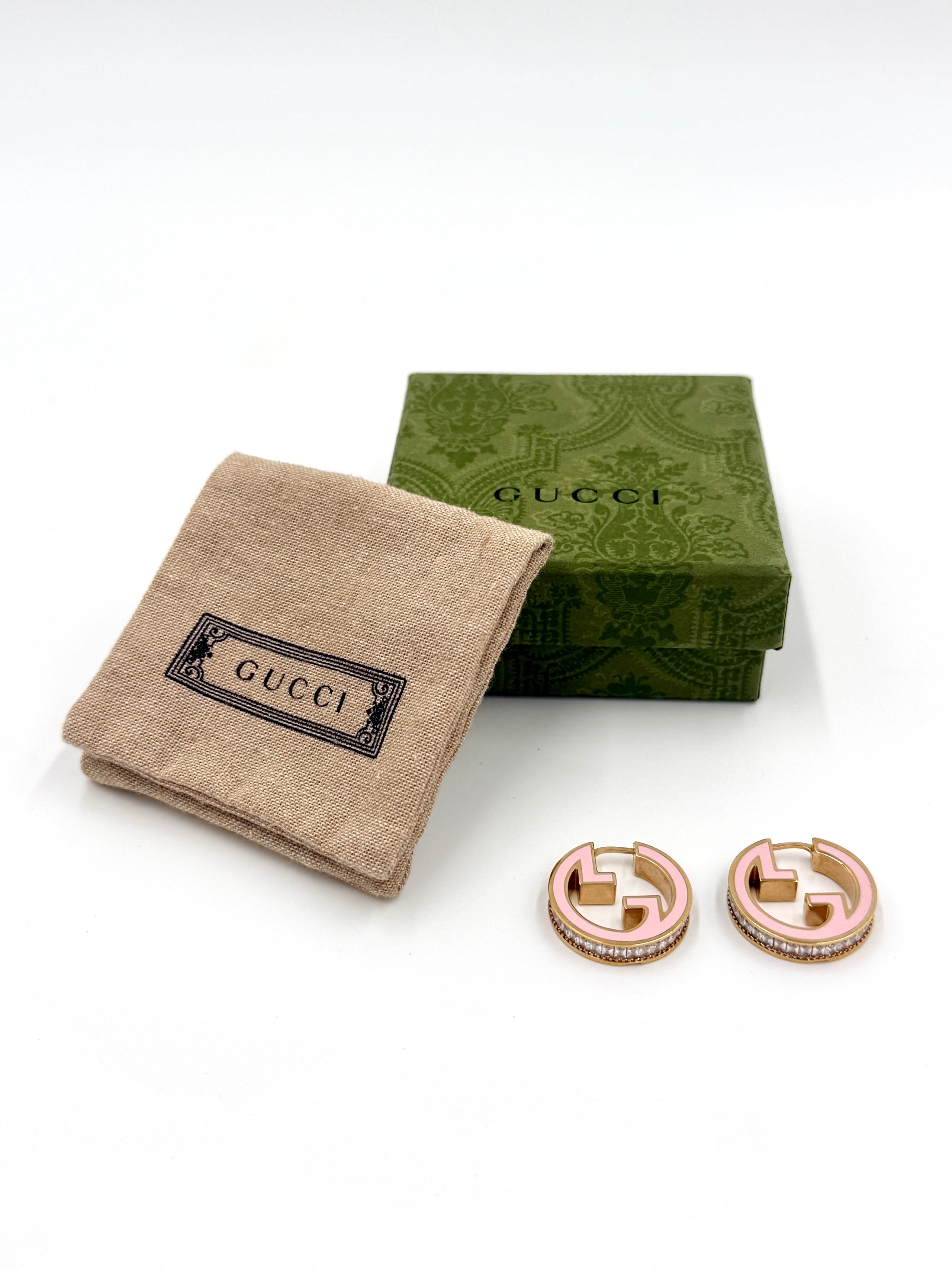 Gucci GG Enamel and Gold Crystal Hoop Earrings - Pre Owned Authentic