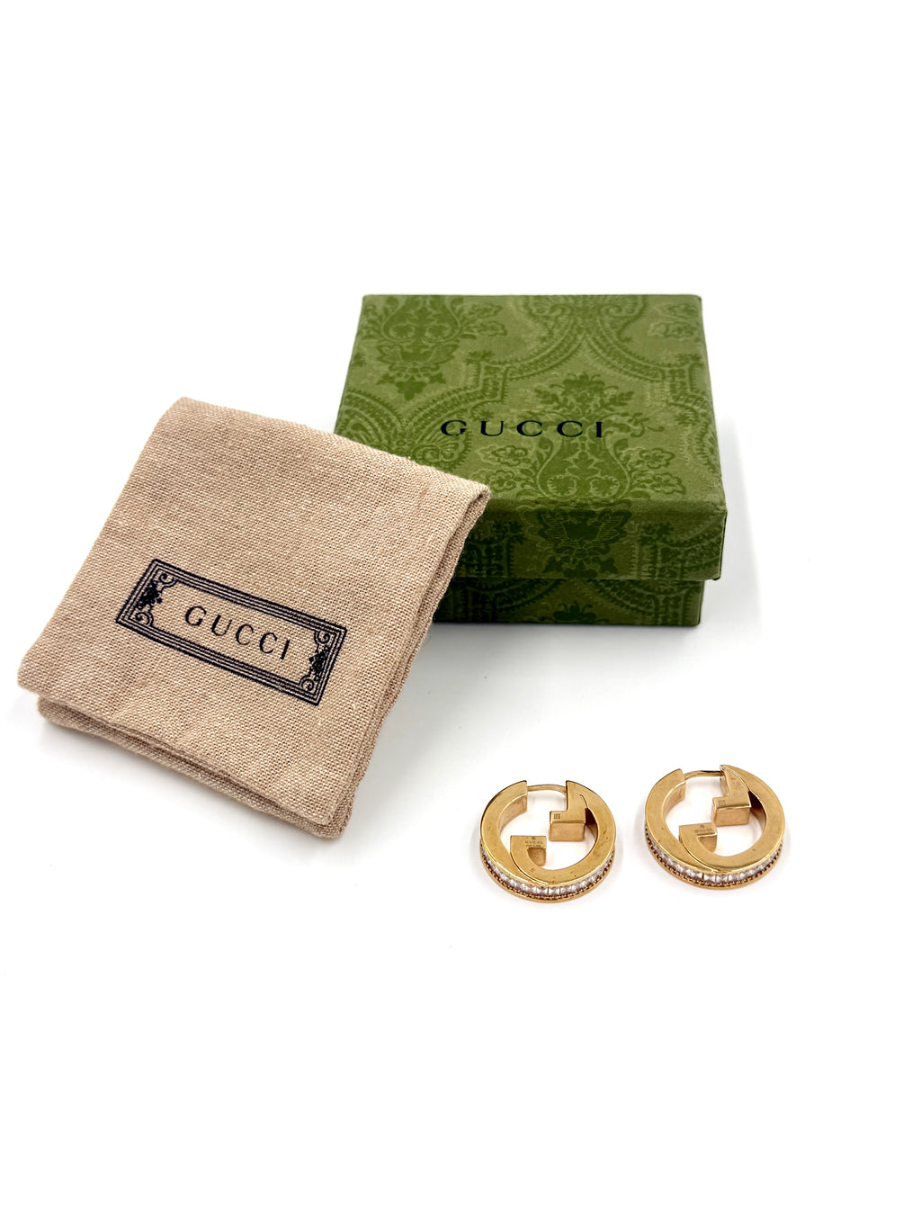 Gucci GG Enamel and Gold Crystal Hoop Earrings - Pre Owned Authentic