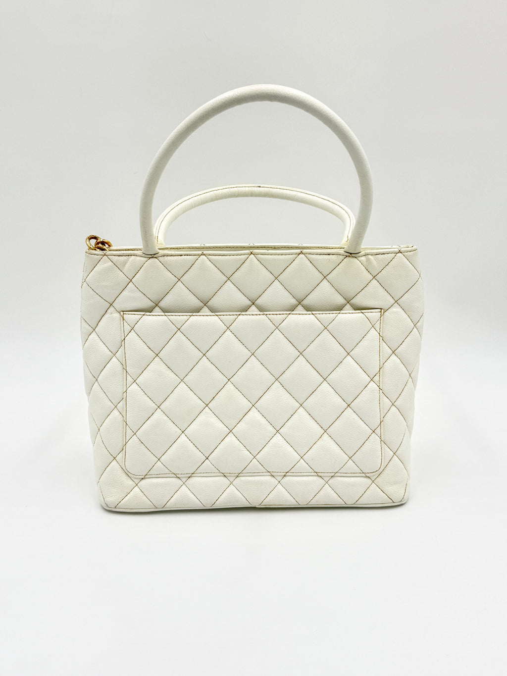 Pre-Owned Chanel Vintage White Caviar Leather Medallion Tote with Gold Hardware - Authenticated