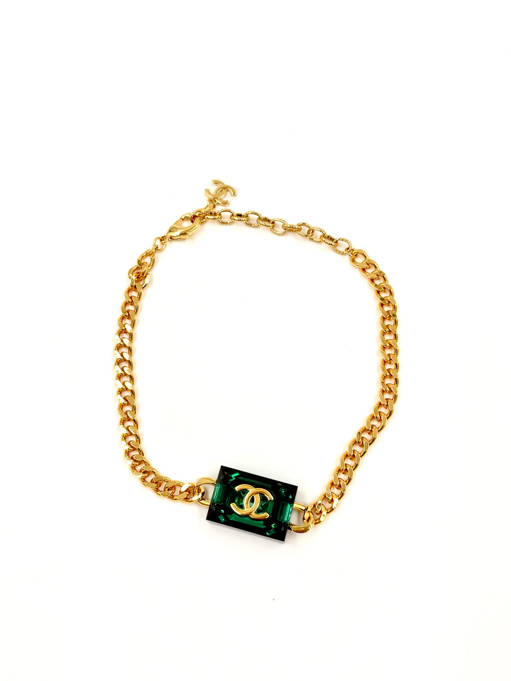 Chanel 2023 Emerald Green CC Square Gold Tone Choker Necklace - Pre Owned Authentic