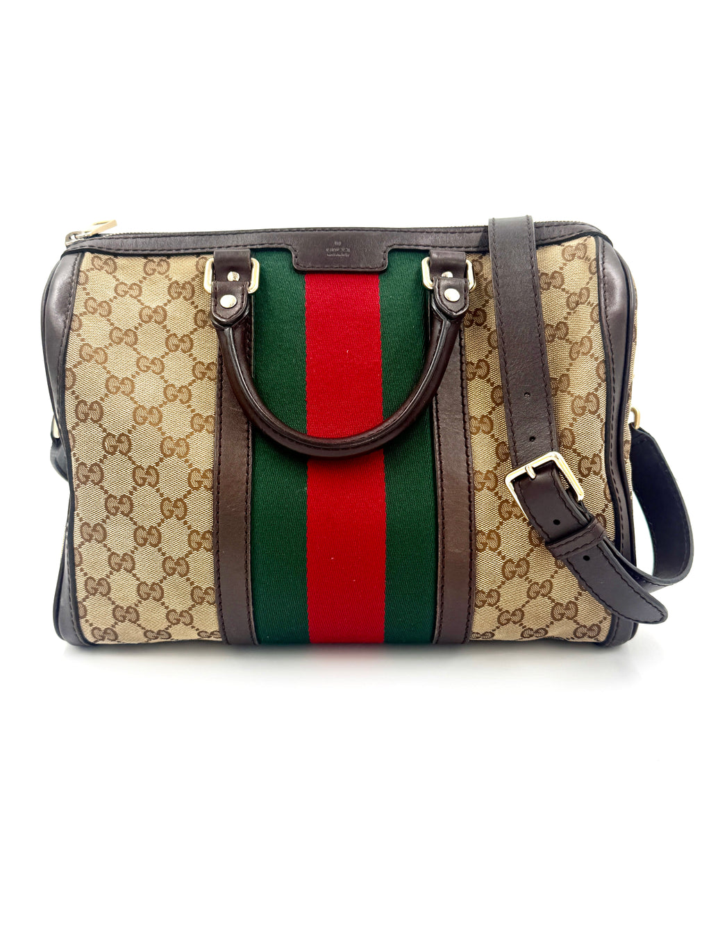 Gucci Brown/Beige GG Canvas Medium Vintage Web Boston Bag- Pre Owned Authentic
