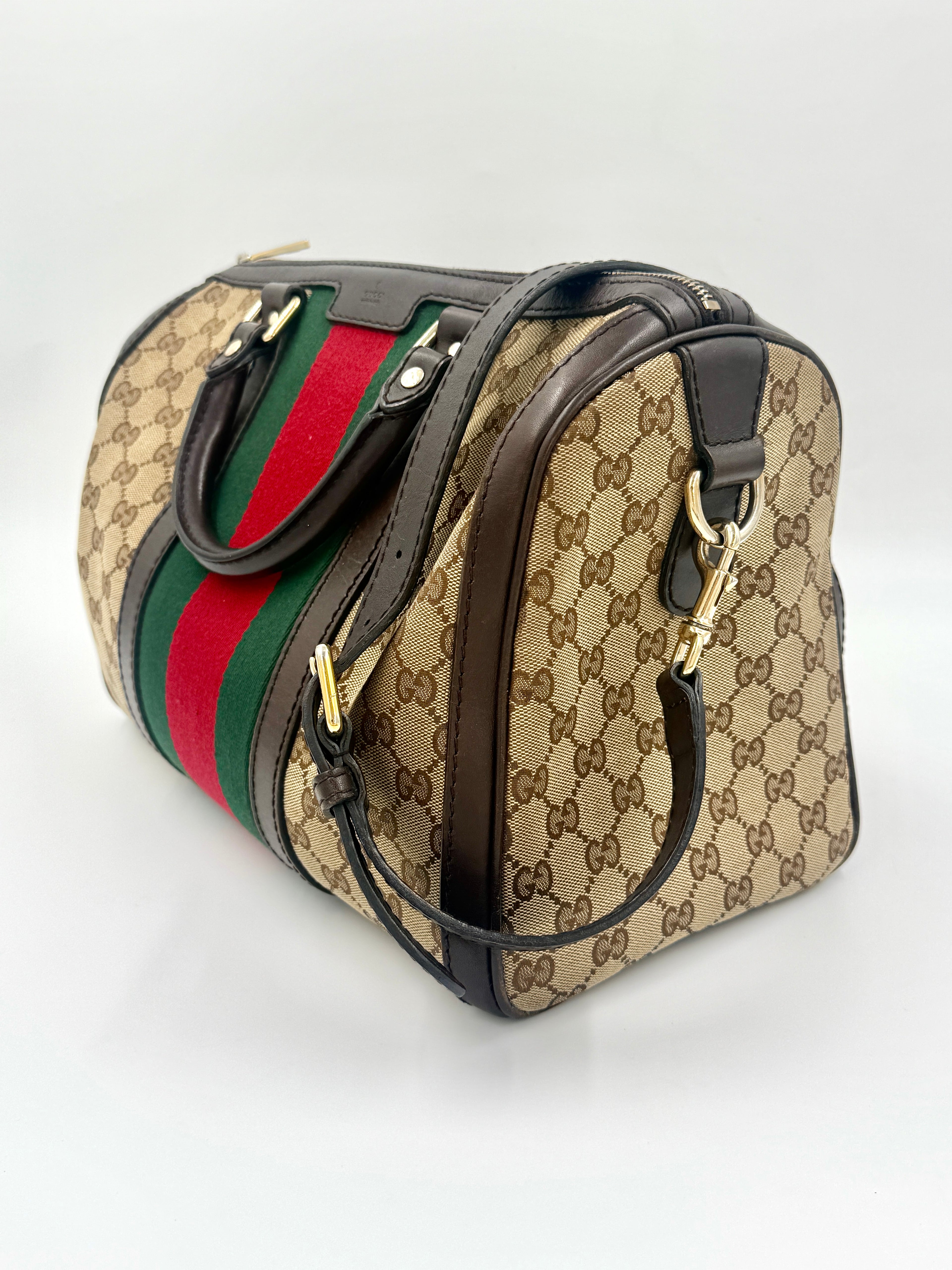 Gucci Brown/Beige GG Canvas Medium Vintage Web Boston Bag- Pre Owned Authentic