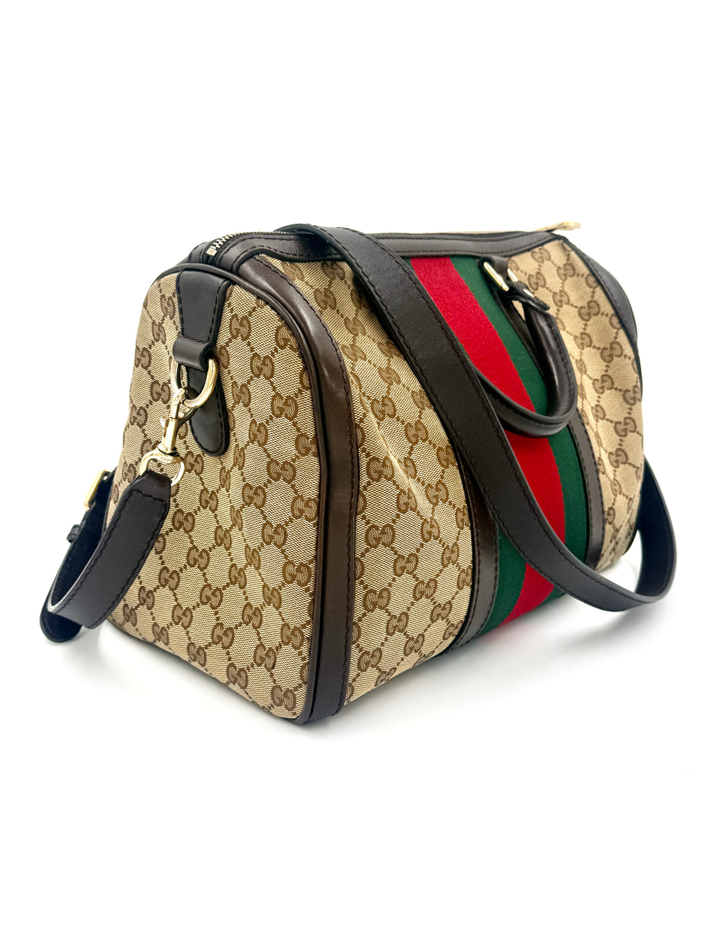 Gucci Brown/Beige GG Canvas Medium Vintage Web Boston Bag- Pre Owned Authentic