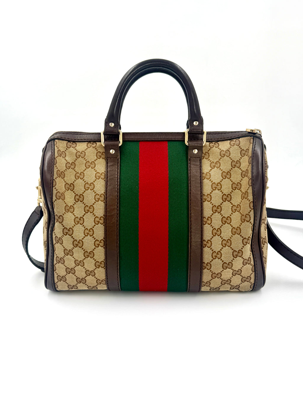 Gucci Brown/Beige GG Canvas Medium Vintage Web Boston Bag- Pre Owned Authentic