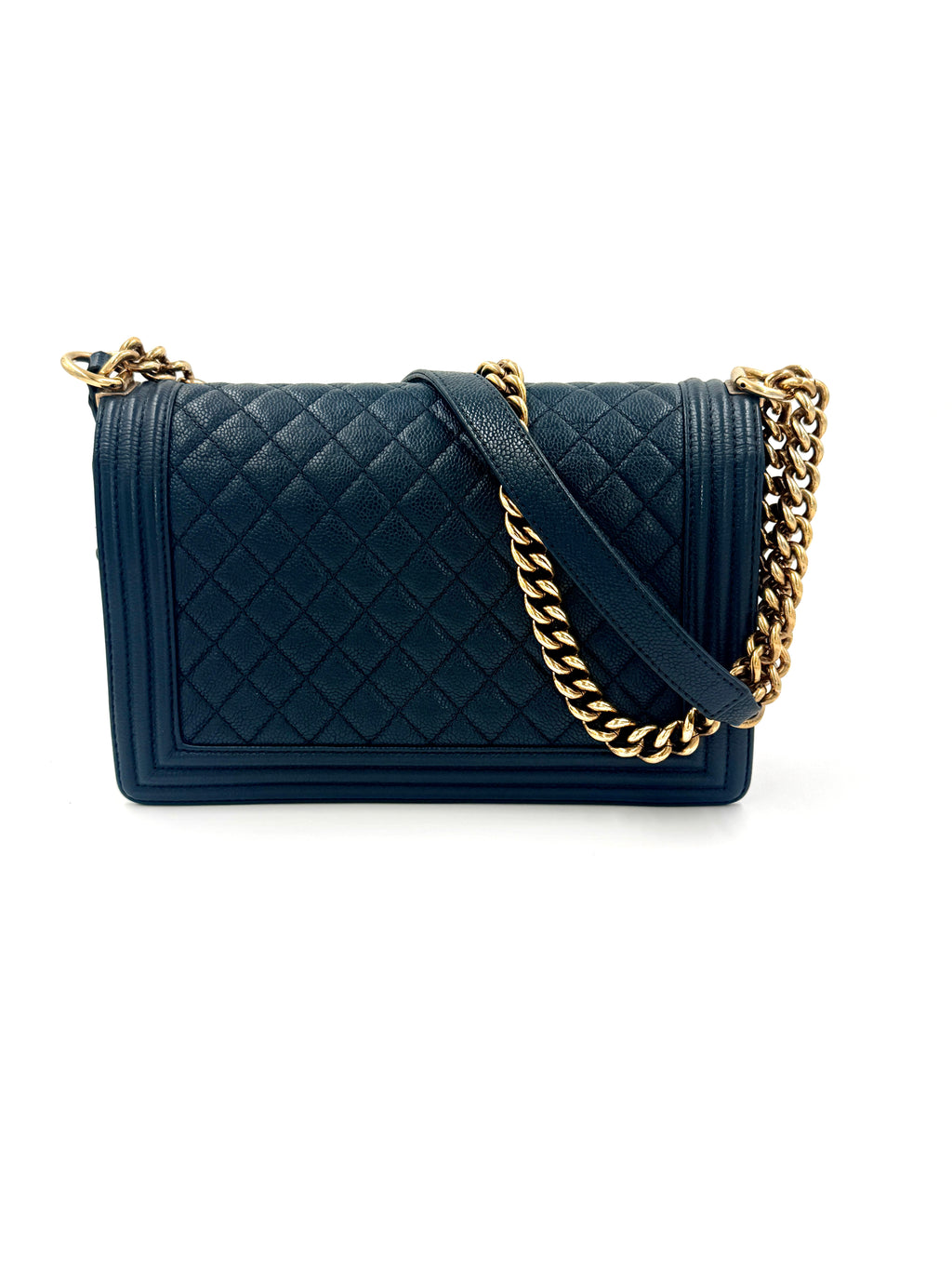 Chanel Boy Bag New Medium Navy Caviar Leather Gold Hardware Pristine - Pre Owned Authentic