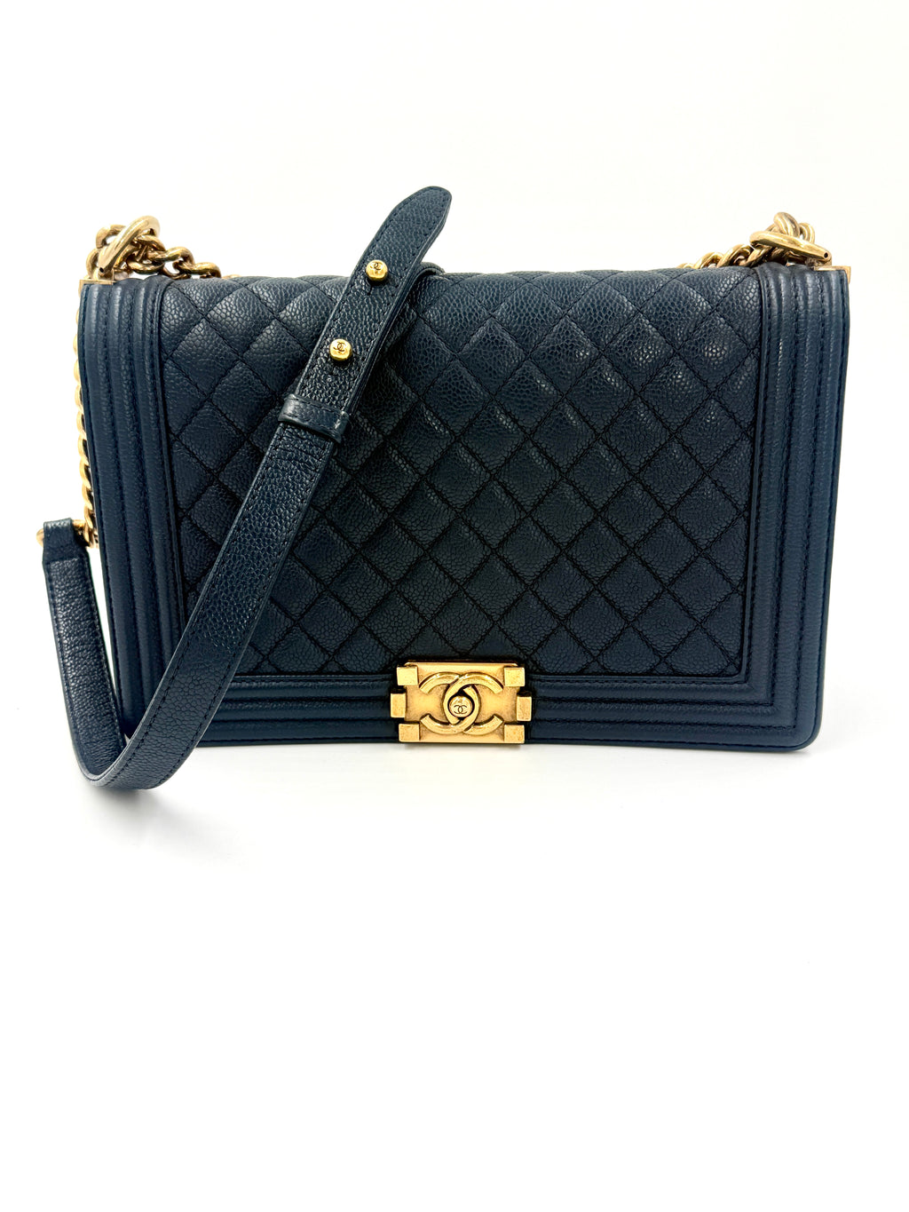 Chanel Boy Bag New Medium Navy Caviar Leather Gold Hardware Pristine - Pre Owned Authentic