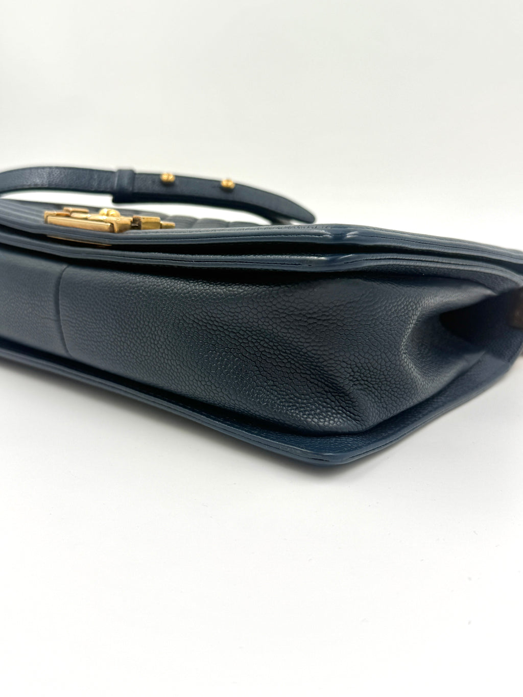 Chanel Boy Bag New Medium Navy Caviar Leather Gold Hardware Pristine - Pre Owned Authentic