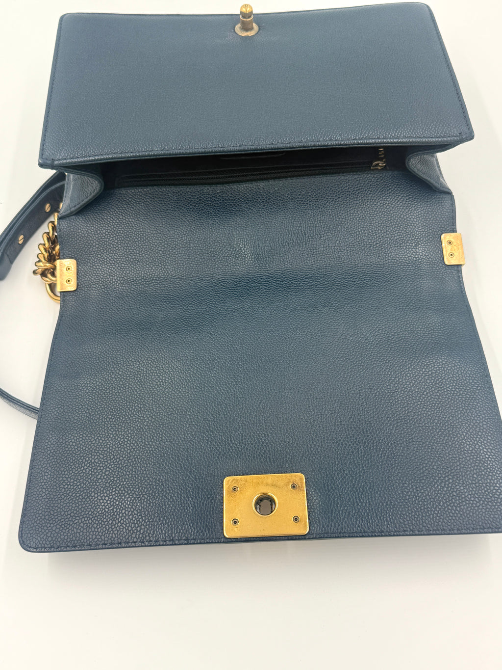 Chanel Boy Bag New Medium Navy Caviar Leather Gold Hardware Pristine - Pre Owned Authentic