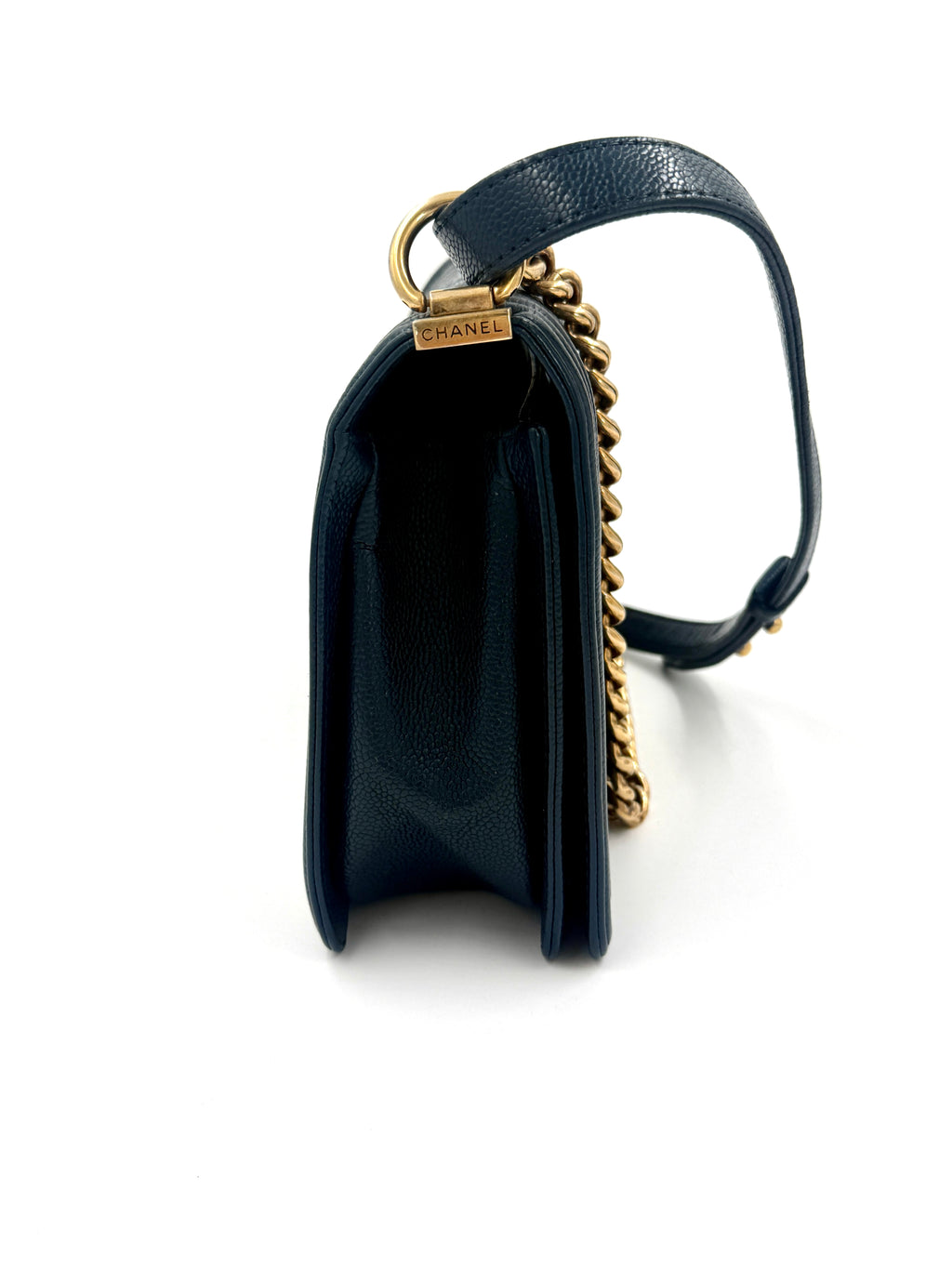 Chanel Boy Bag New Medium Navy Caviar Leather Gold Hardware Pristine - Pre Owned Authentic