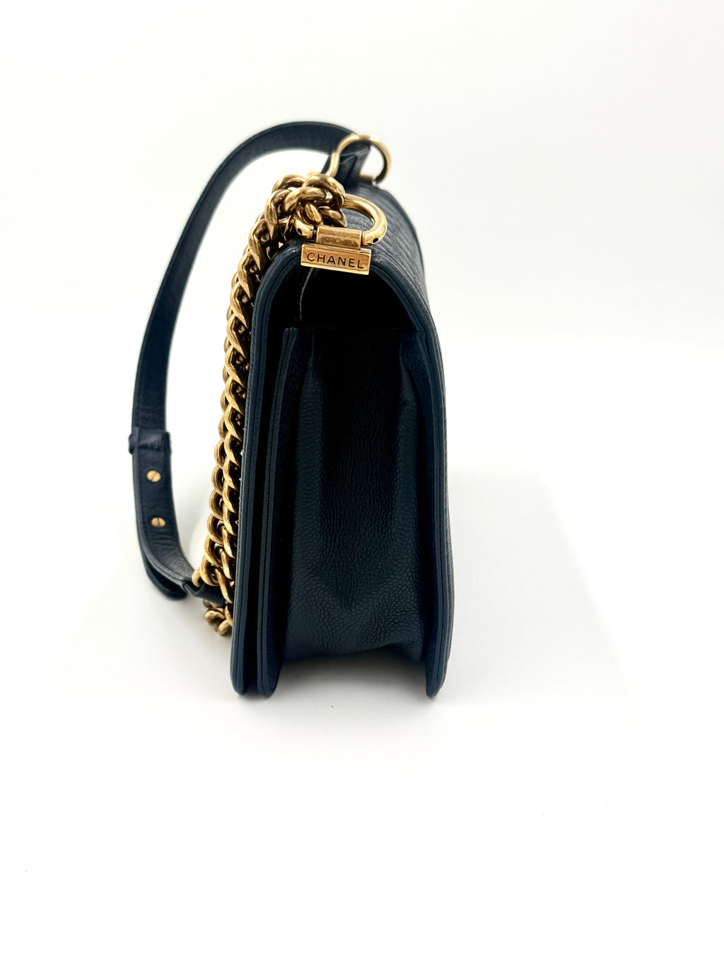 Chanel Boy Bag New Medium Navy Caviar Leather Gold Hardware Pristine - Pre Owned Authentic